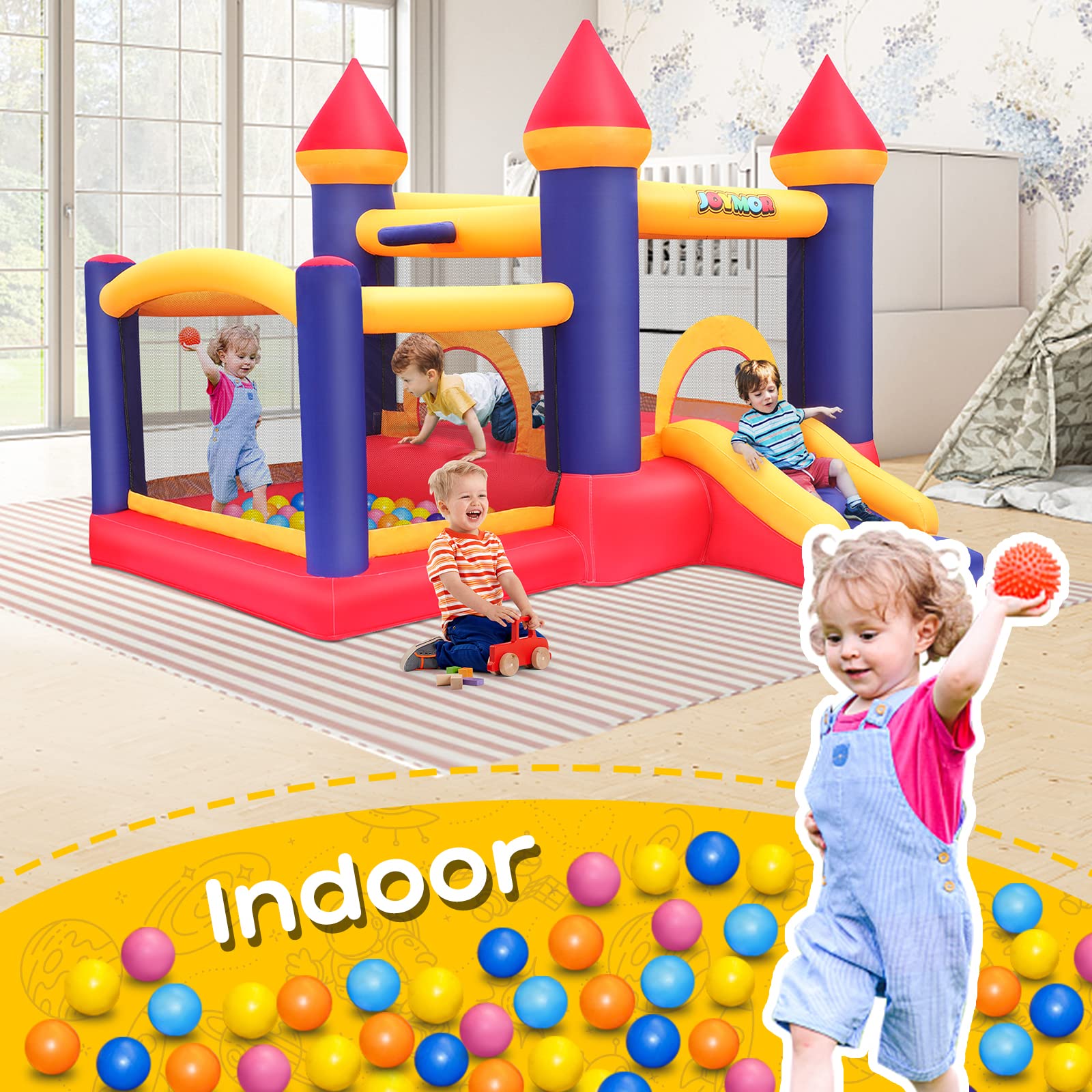 JOYMOR Inflatable Bounce Castle House with Slide & Blower – Backyard Fun