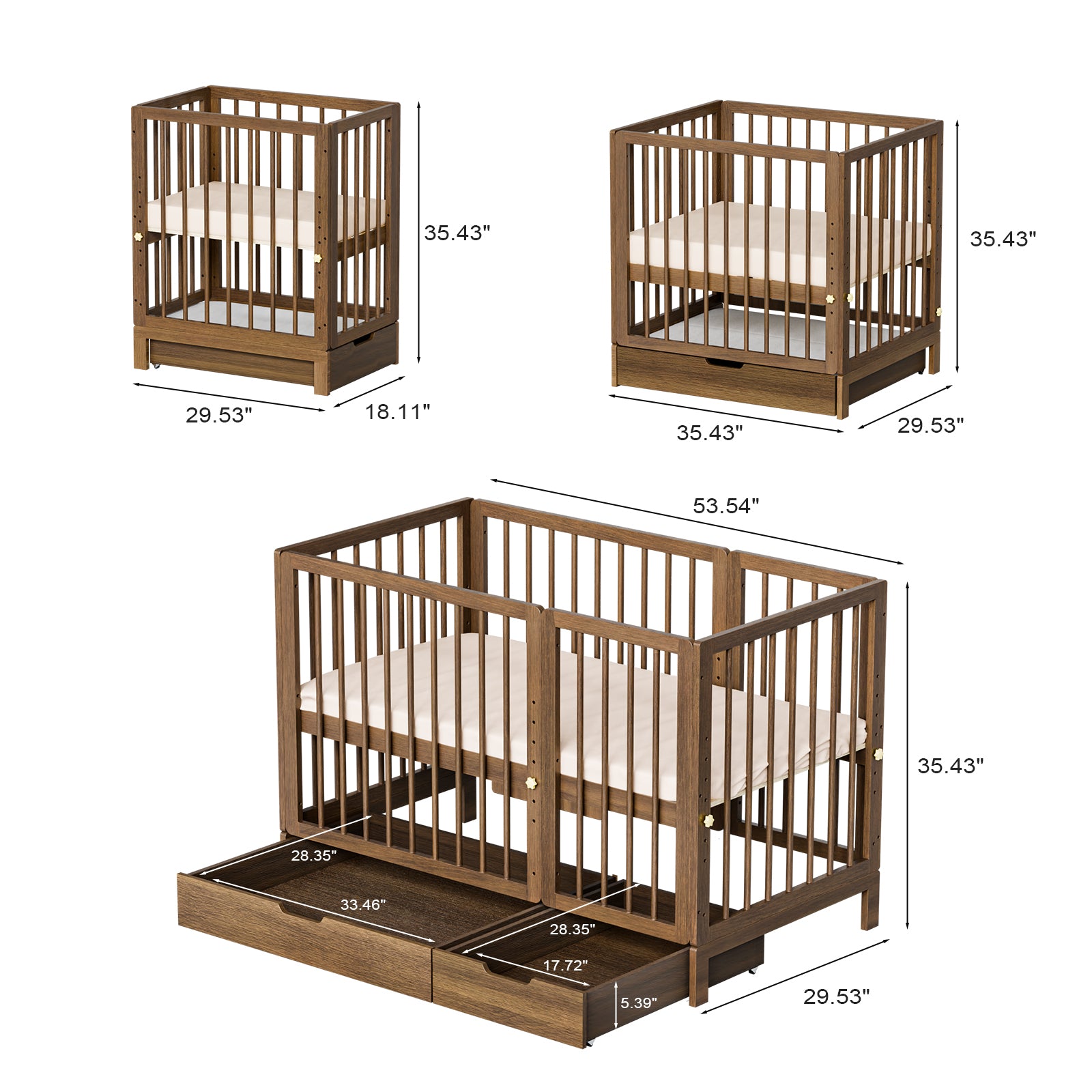 JOYMOR 8 in 1 Convertible Crib with Mattress Full Toddler Size Crib