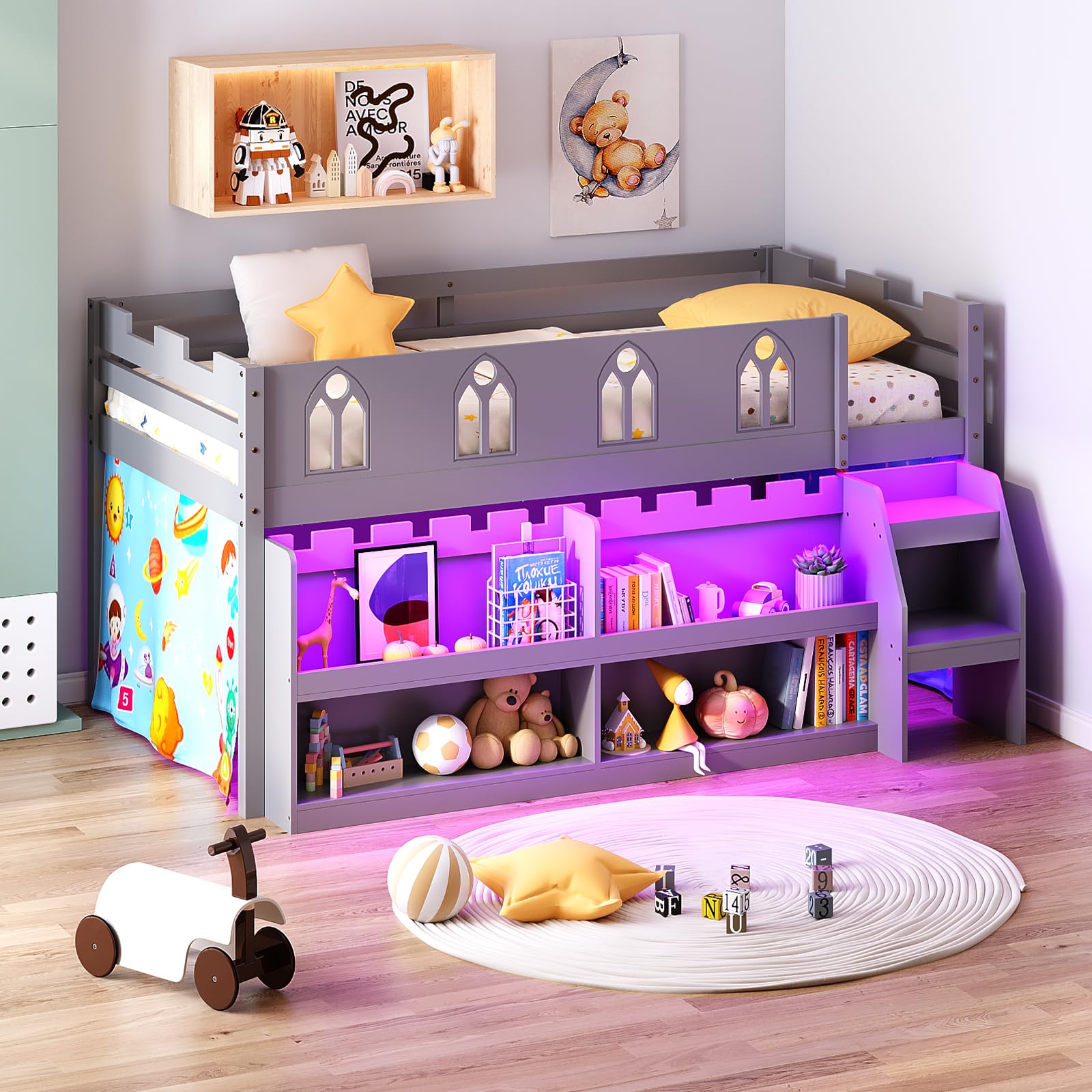 JOYMOR Low Loft Bed with LED Lights Wood Twin Size Bed Frame