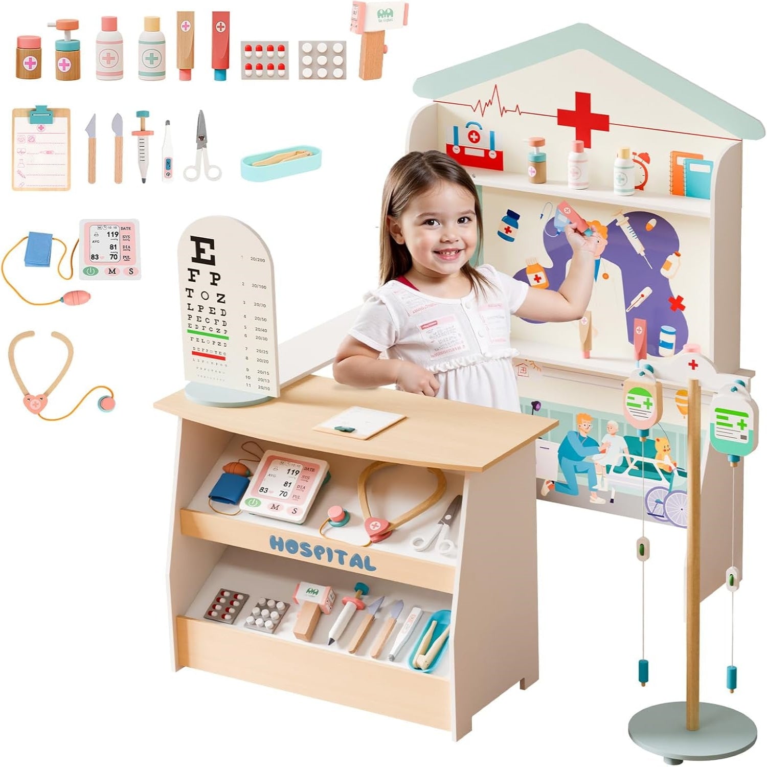JOYMOR Kids Pretend Play Wooden Doctor Play Set Hospital Kit