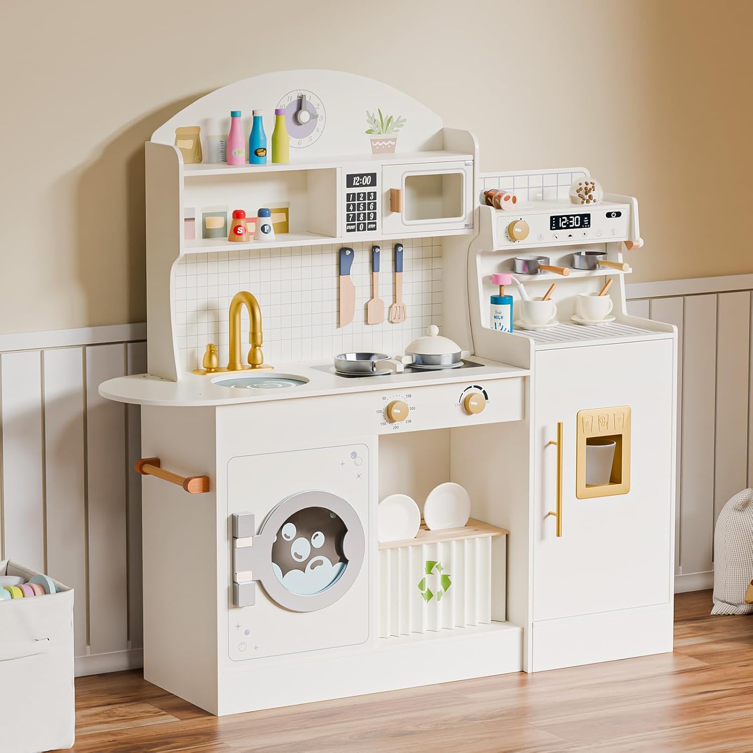 JOYMOR Kids Wooden Play Kitchen Set Modern Pretend Kitchen