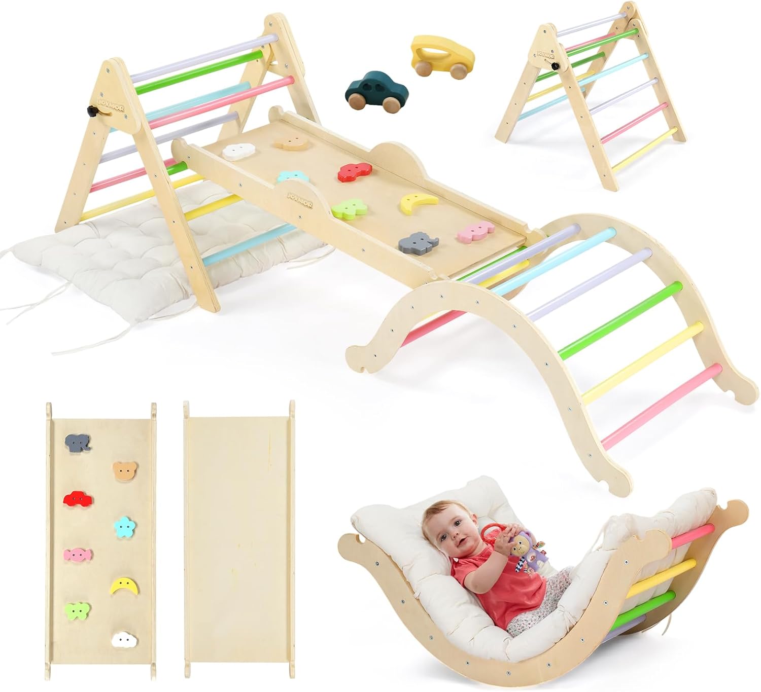 Joymor Wooden Pikler Triangle Set Montessori Climbing Adventure for Toddlers