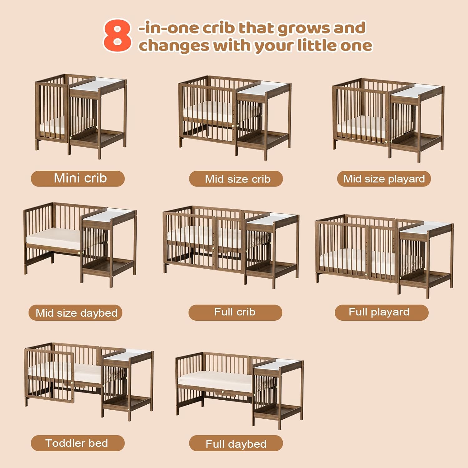 JOYMOR 8 in 1 Convertible Crib with Mattress Full Toddler Size Crib
