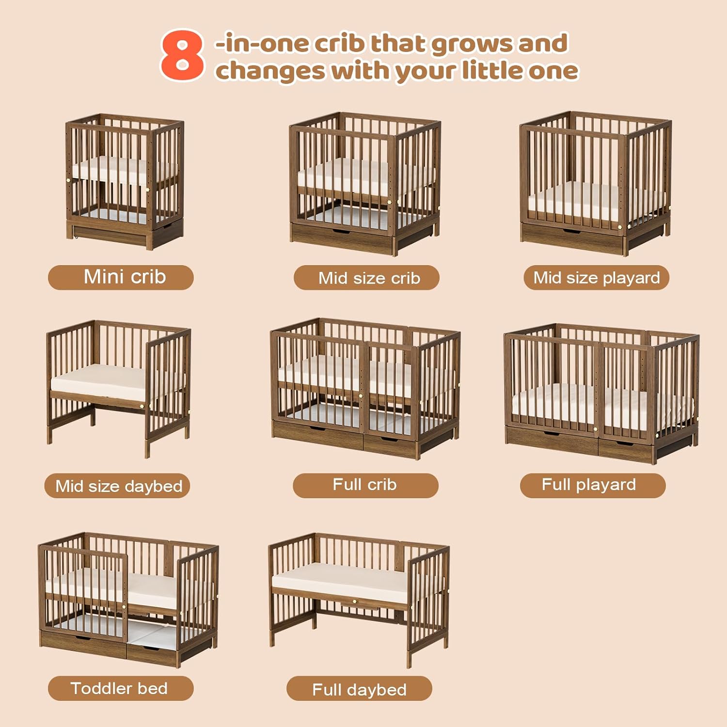 JOYMOR 8 in 1 Convertible Crib with Mattress Full Toddler Size Crib