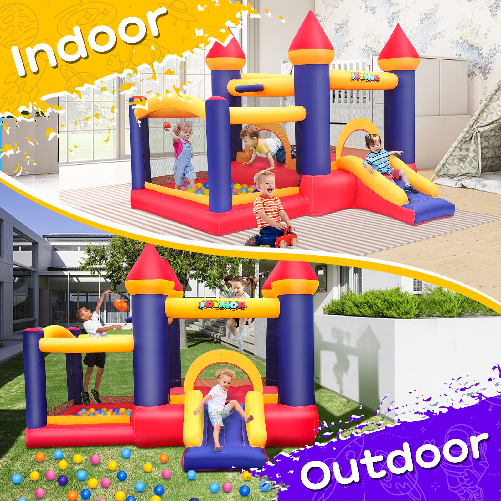 JOYMOR Inflatable Bounce Castle House with Slide & Blower – Backyard Fun