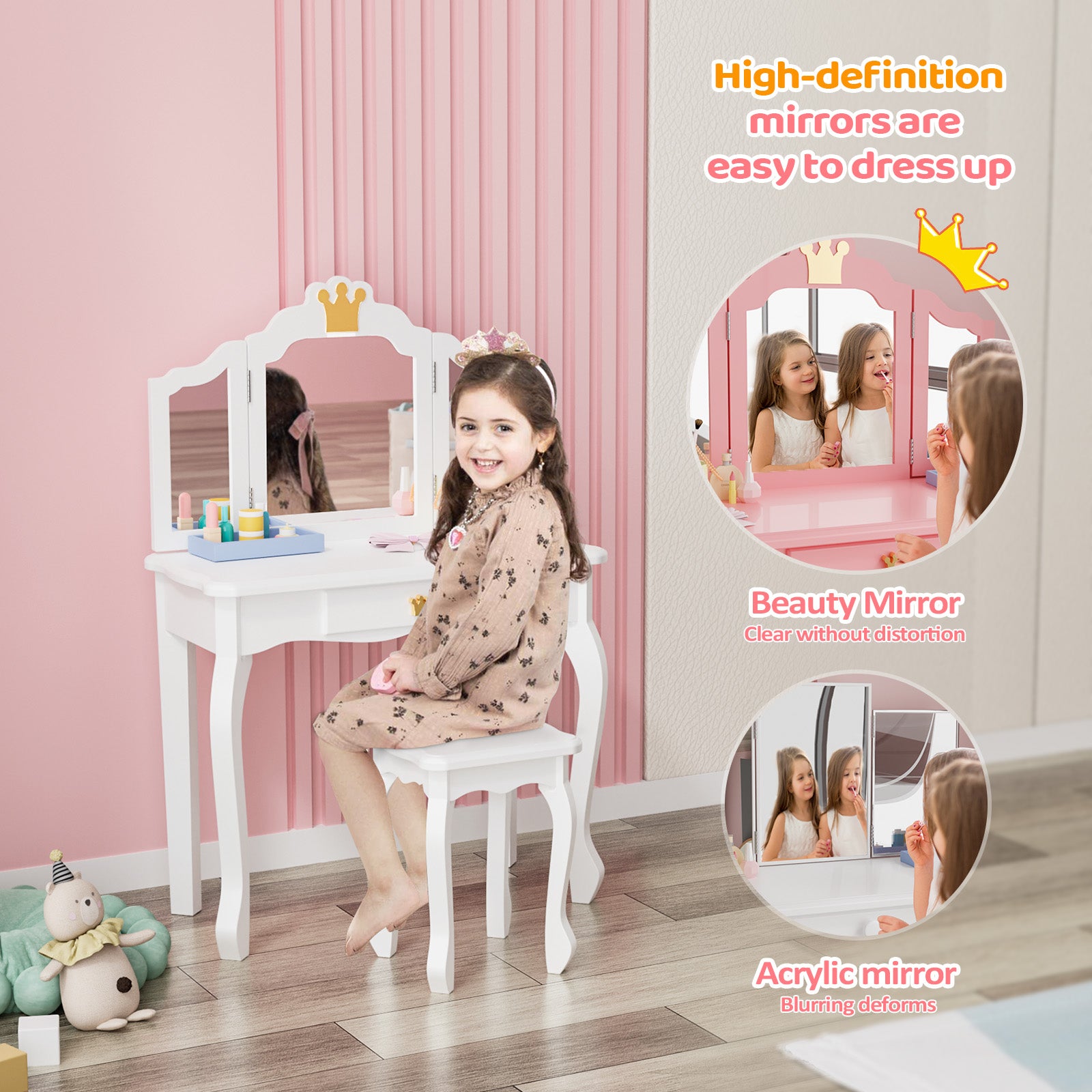 JOYMOR Wooden Tri Folding Kids Vanity Set with Stool