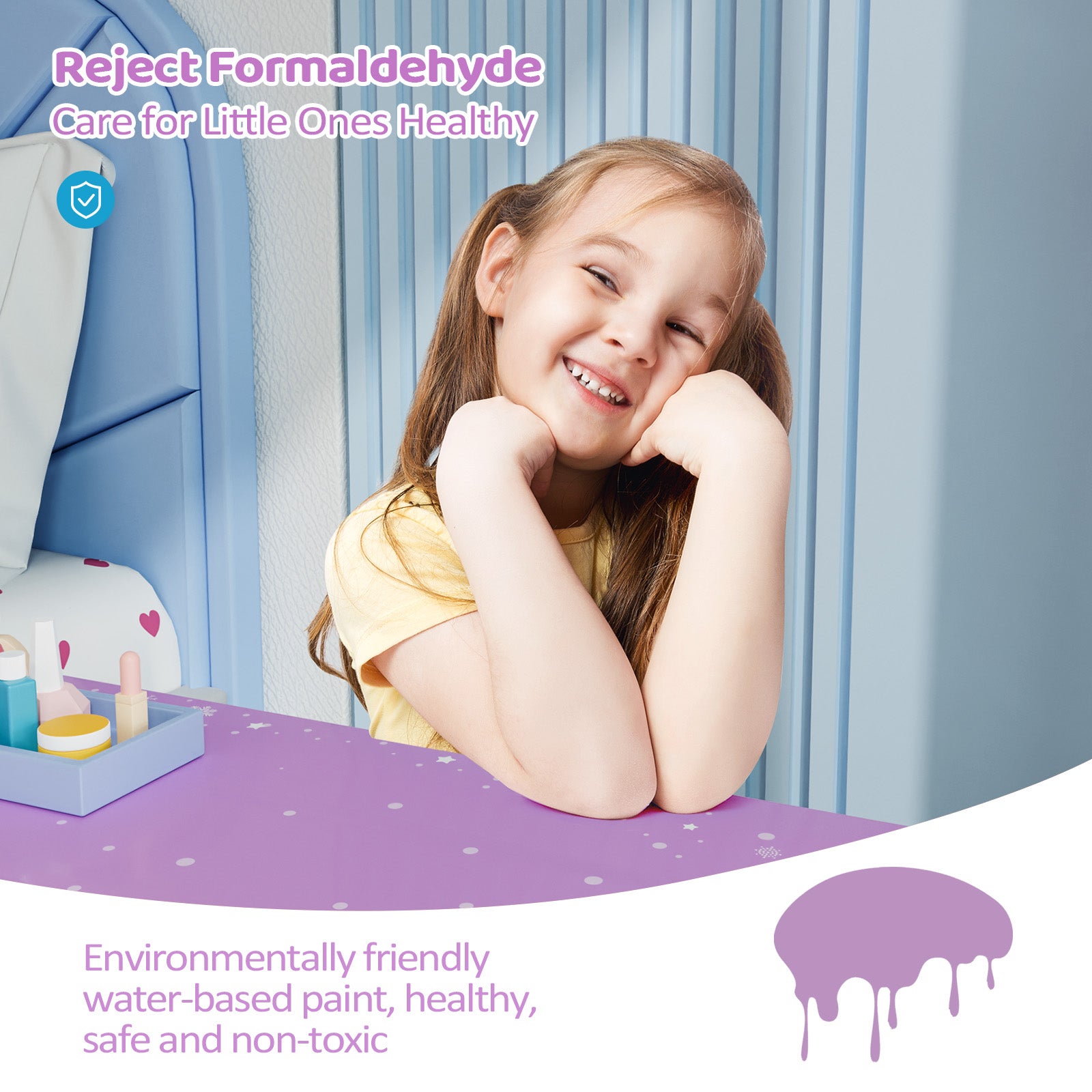 JOYMOR Tri Folding Kids Vanity Set  Mirror Wooden Princess with Stool