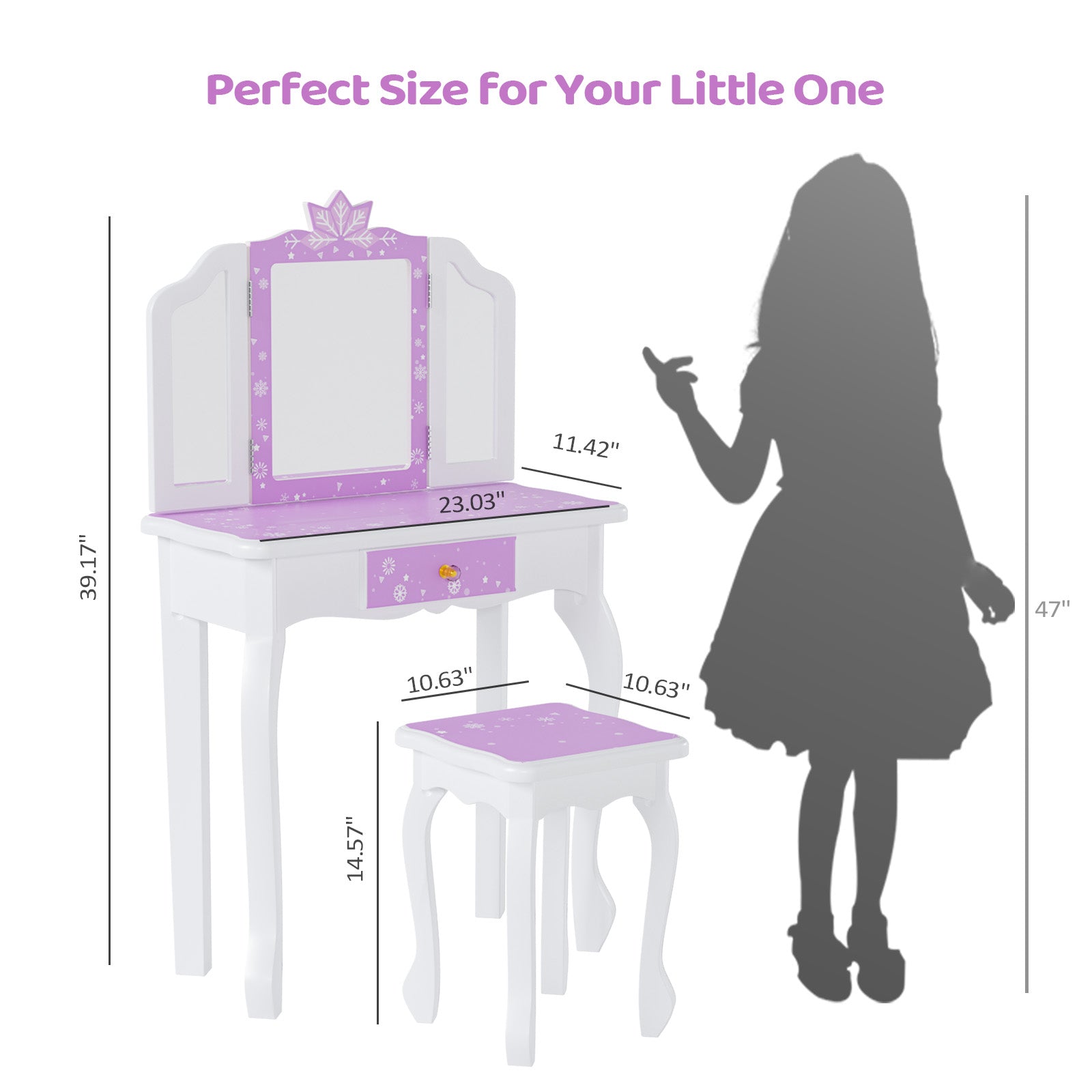 JOYMOR Tri Folding Kids Vanity Set  Mirror Wooden Princess with Stool
