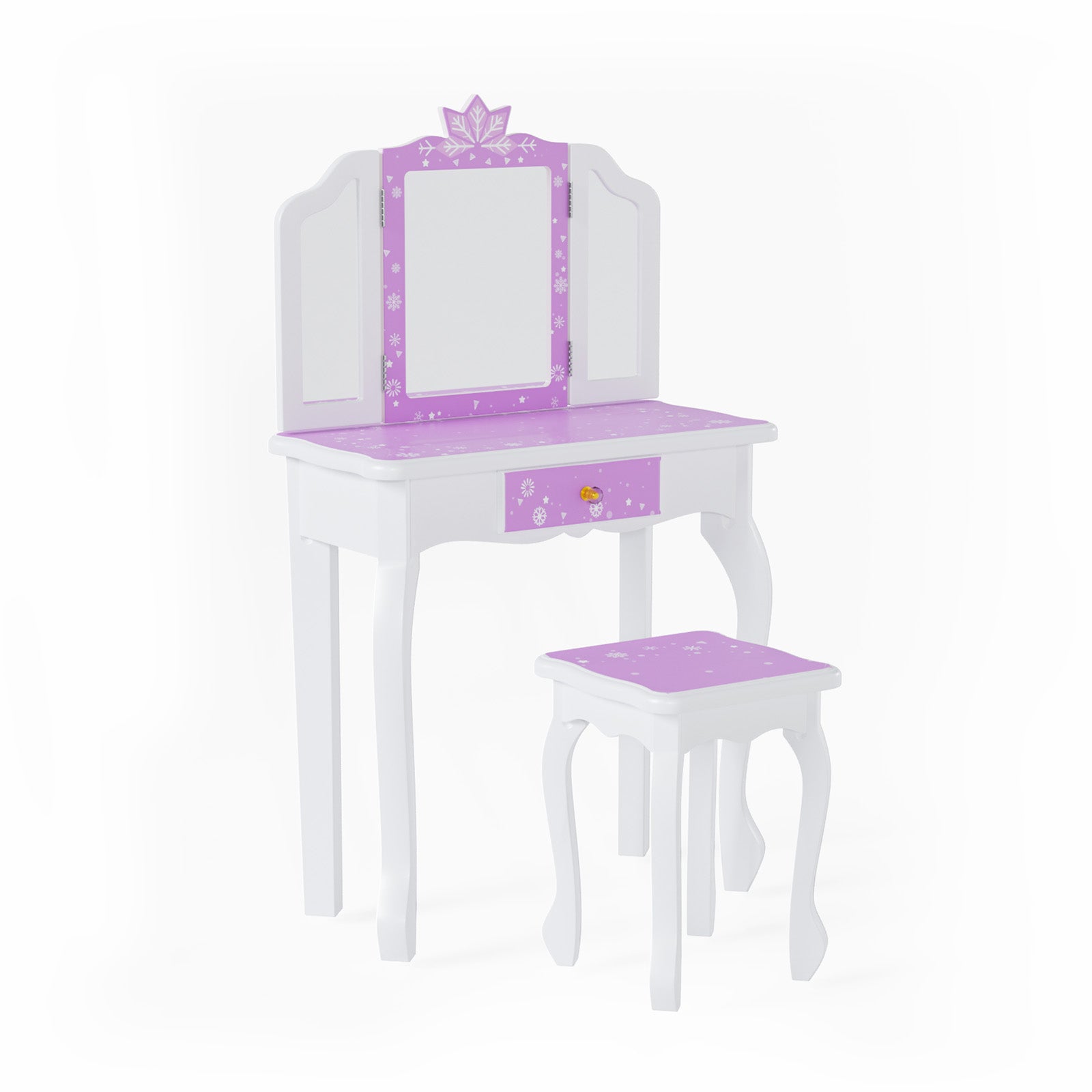 JOYMOR Tri Folding Kids Vanity Set  Mirror Wooden Princess with Stool