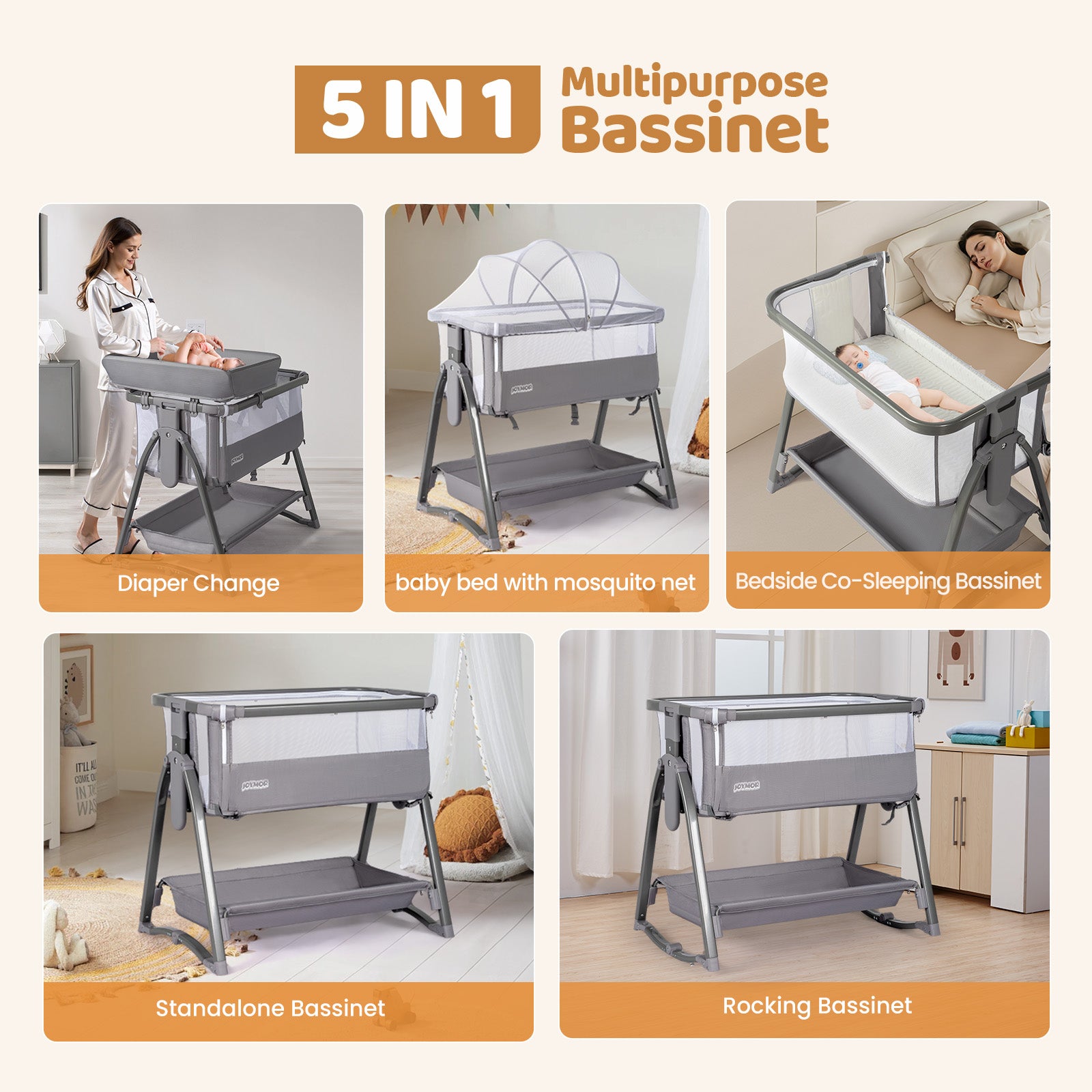 JOYMOR 5 in 1 Crib Bassinet Bedside Sleeper with Changing Table
