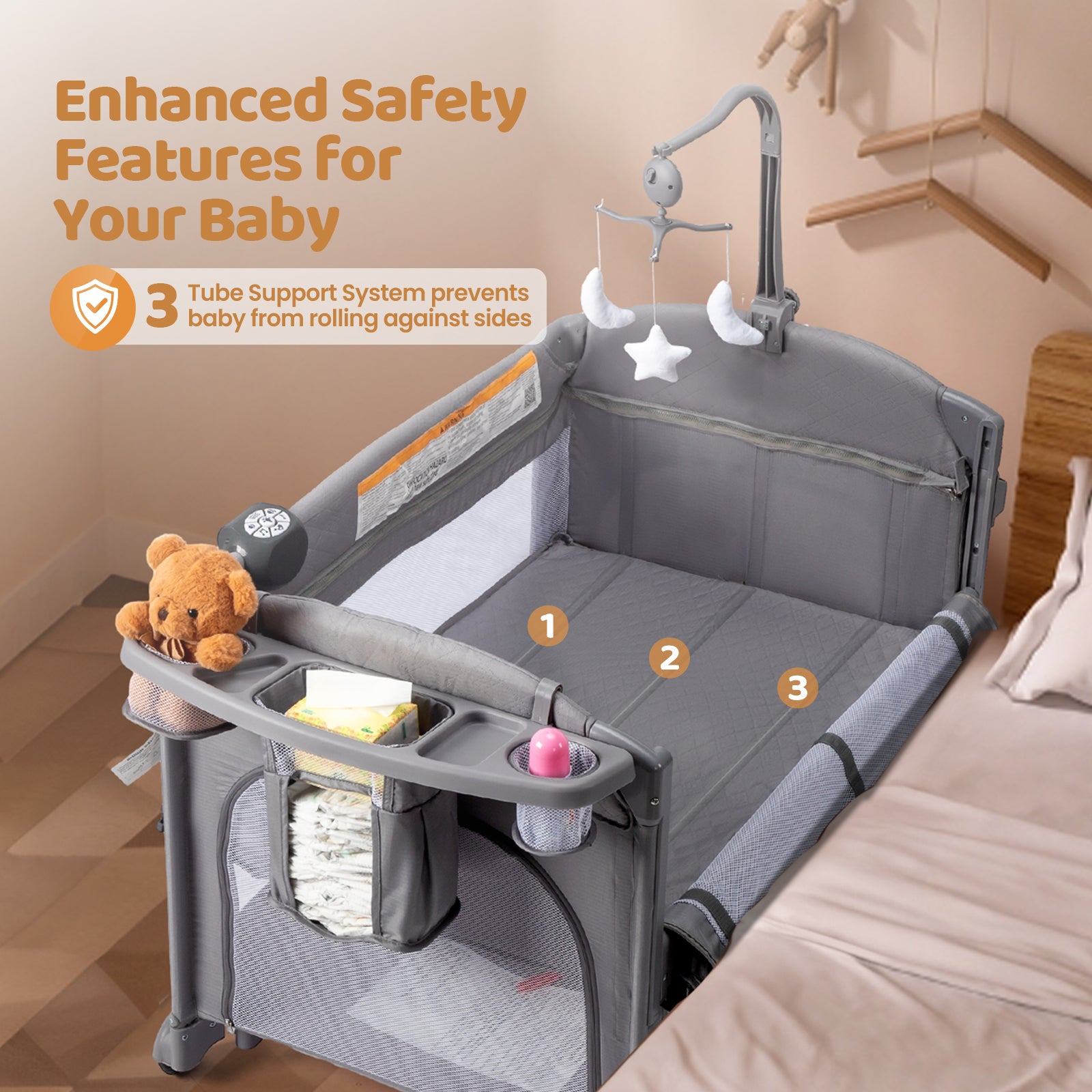 JOYMOR 9 in 1 Bedside Bassinet Baby Crib with Changing Table