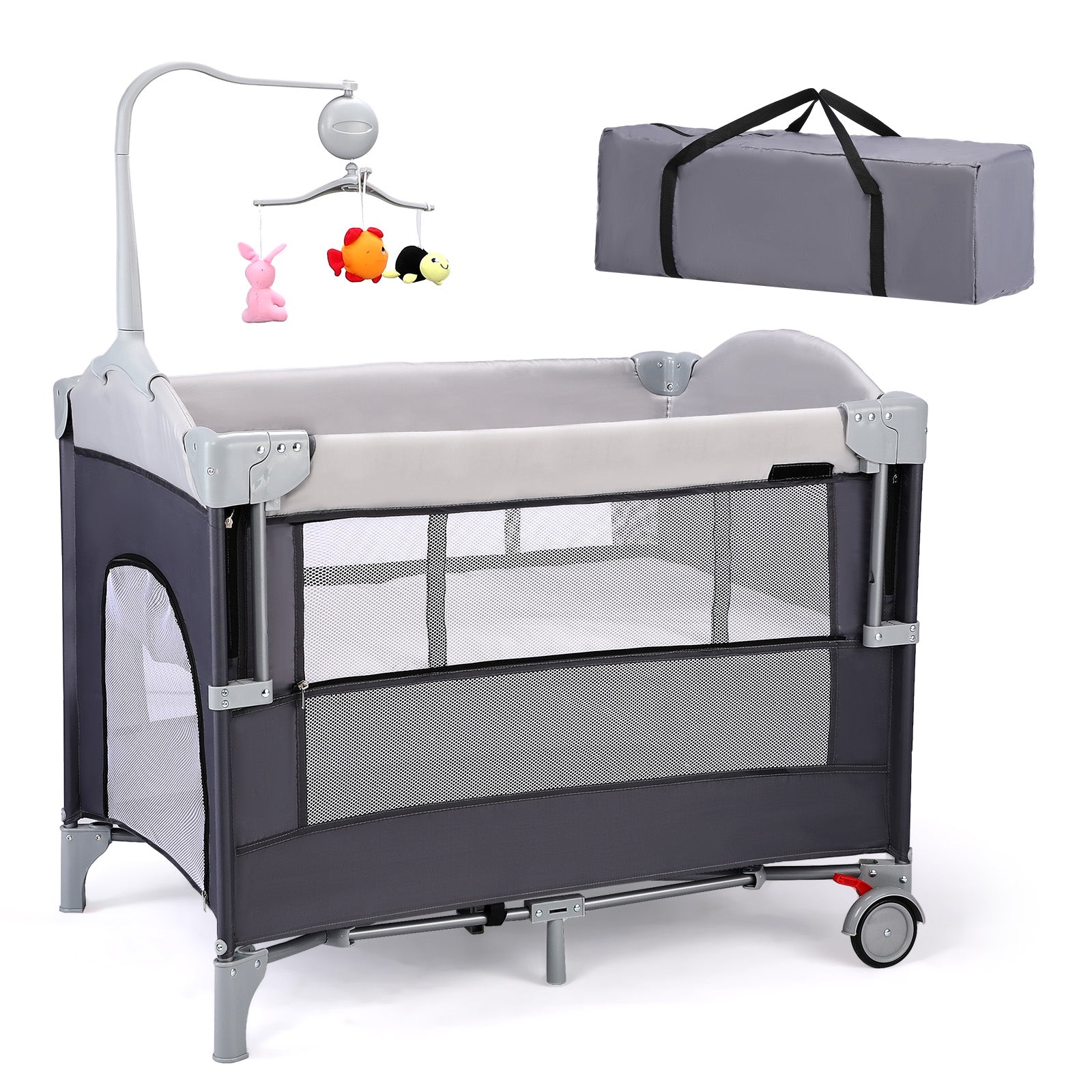 JOYMOR 4 in 1 Baby Bassinet Bedside Crib Sleeper with Soft Toys