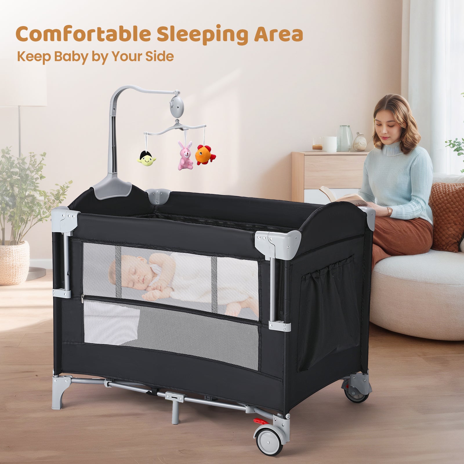 JOYMOR 5 in 1 Baby Bedside Crib Sleeper with Diaper Changing Table