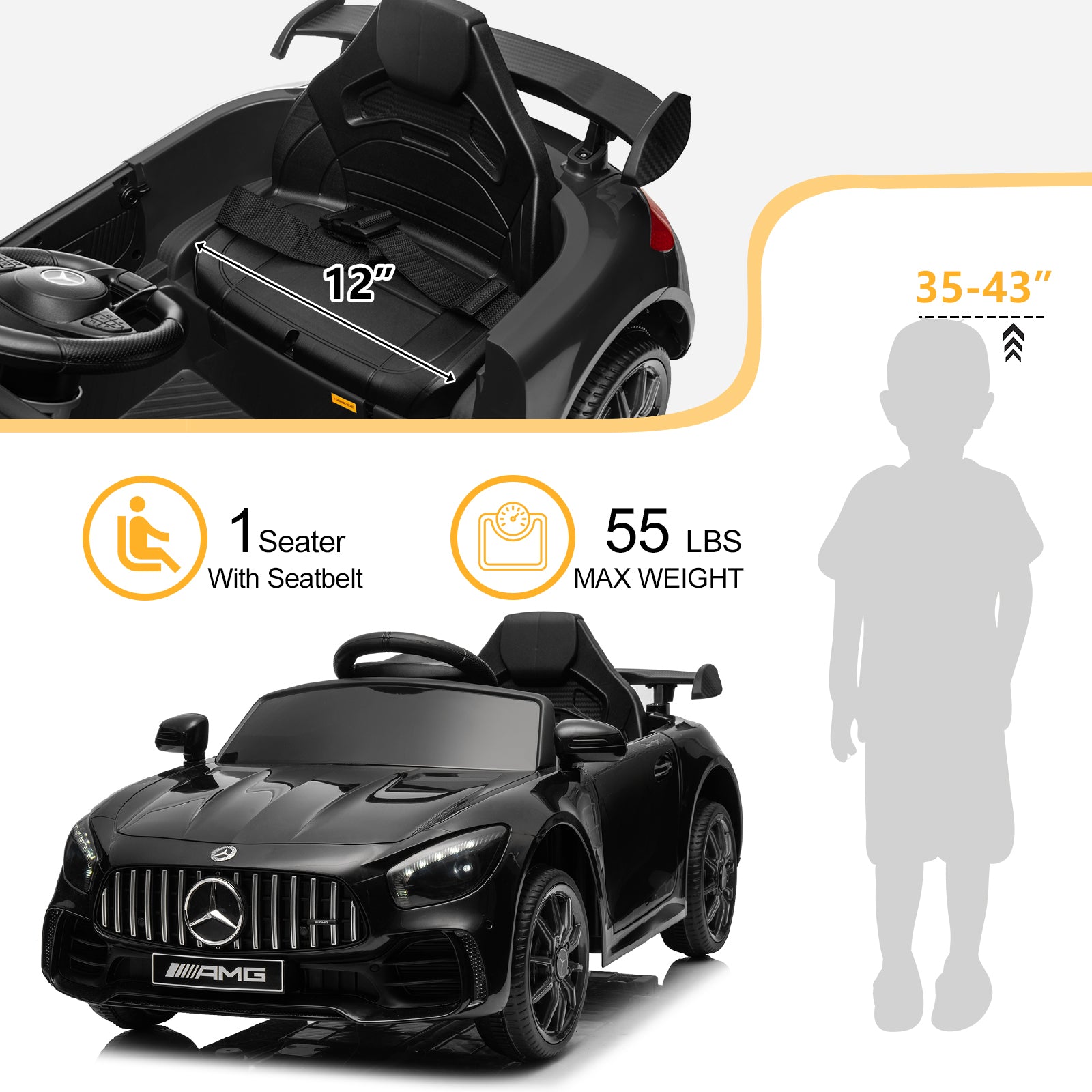 Joymor 12V Kids Ride On Car 2.4G Remote Control, Licensed Mercedes Benz AMG GTR 12V Battery Powered Electric Vehicle
