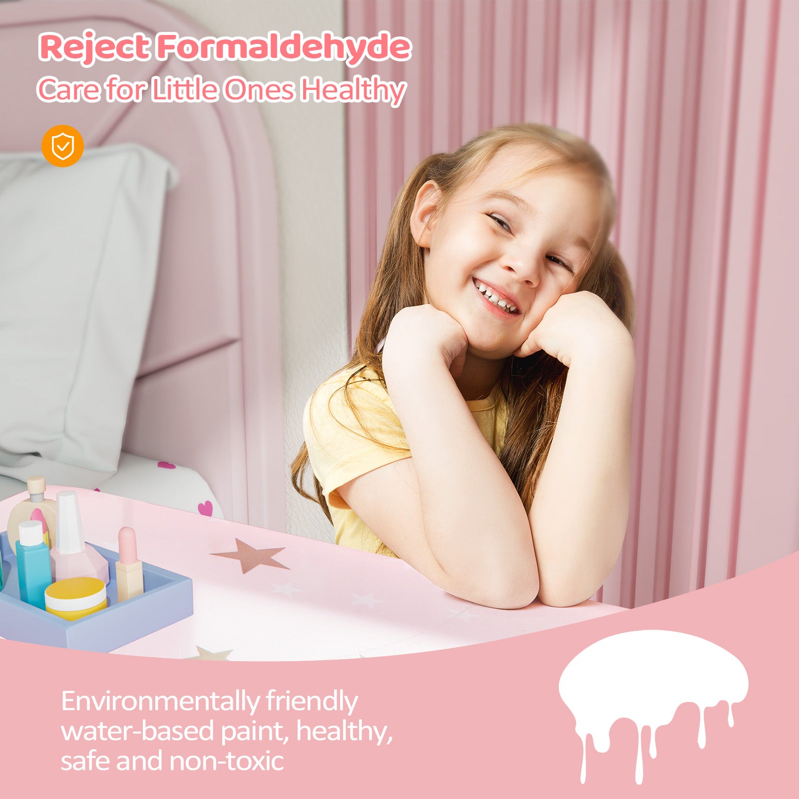 JOYMOR Kids Princess Vanity Table and Chair Set Mirror Makeup Dressing Table with Tri Folding