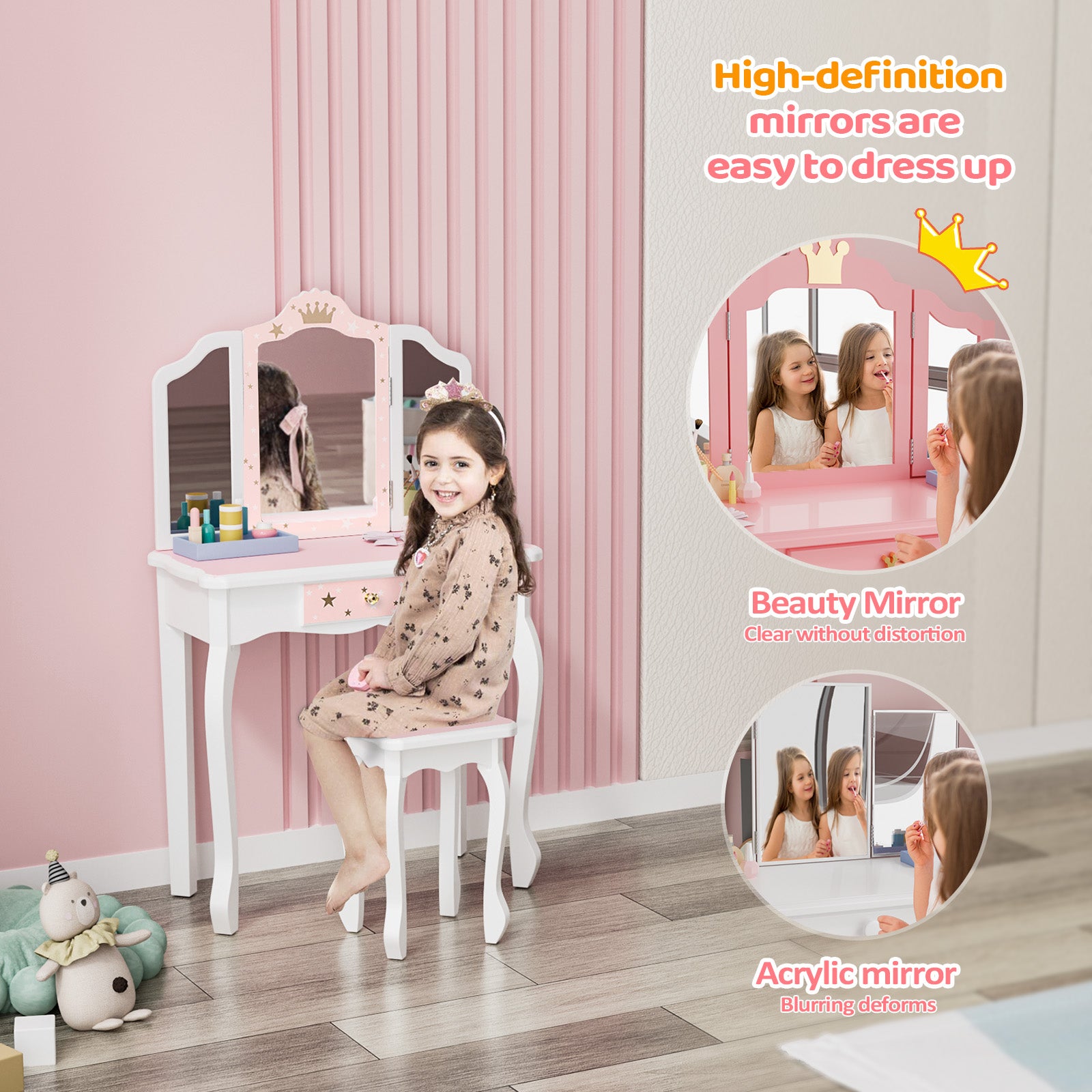 JOYMOR Kids Princess Vanity Table and Chair Set Mirror Makeup Dressing Table with Tri Folding