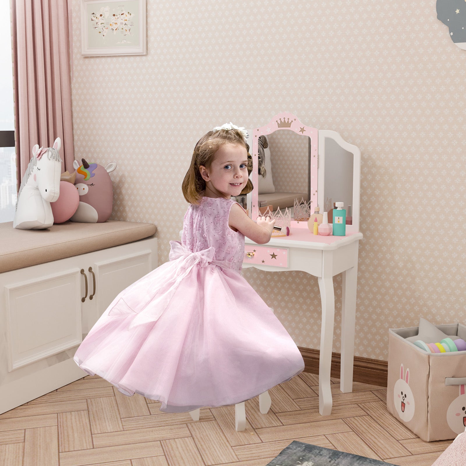 JOYMOR Kids Princess Vanity Table and Chair Set Mirror Makeup Dressing Table with Tri Folding