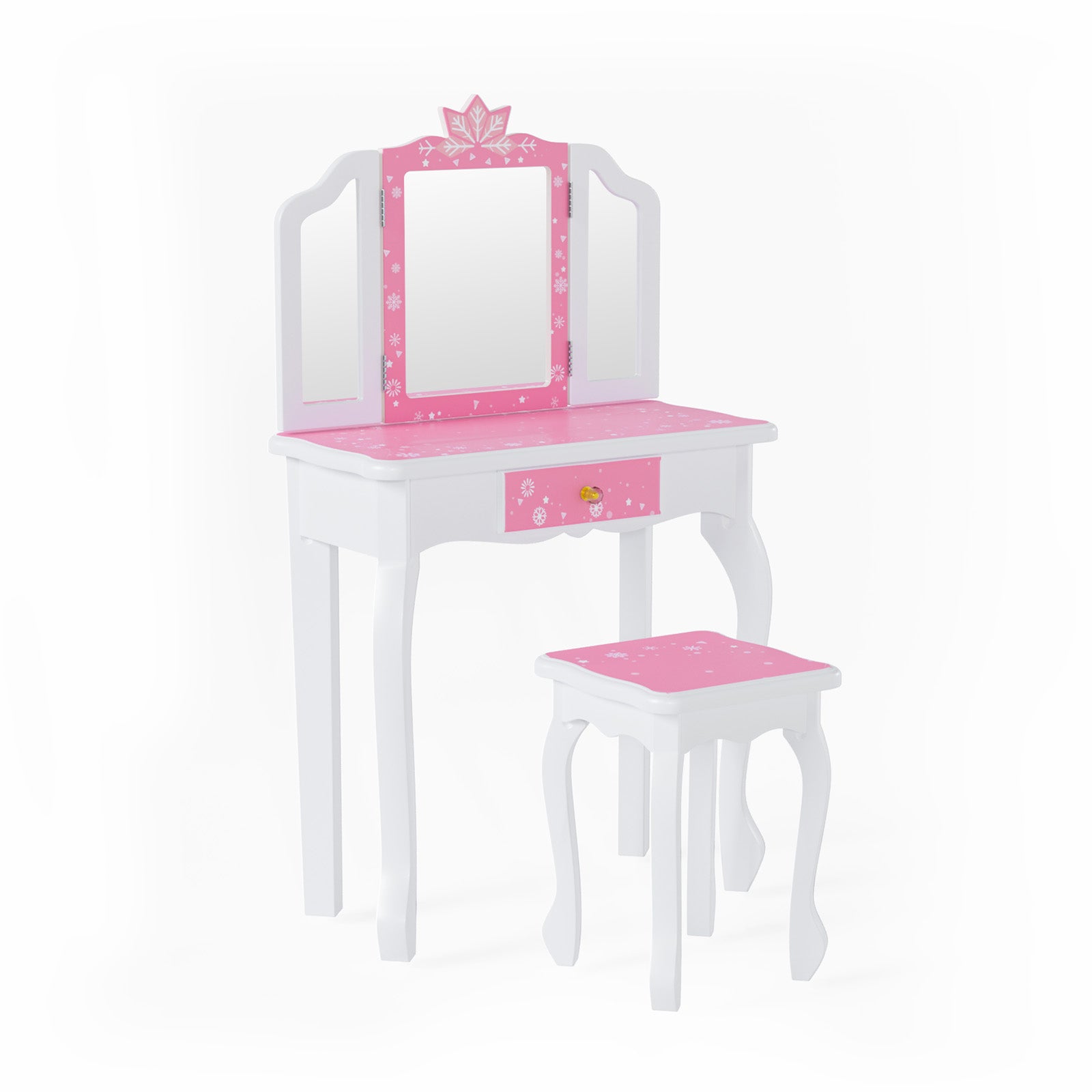 JOYMOR Tri Folding Kids Vanity Set  Mirror Wooden Princess with Stool