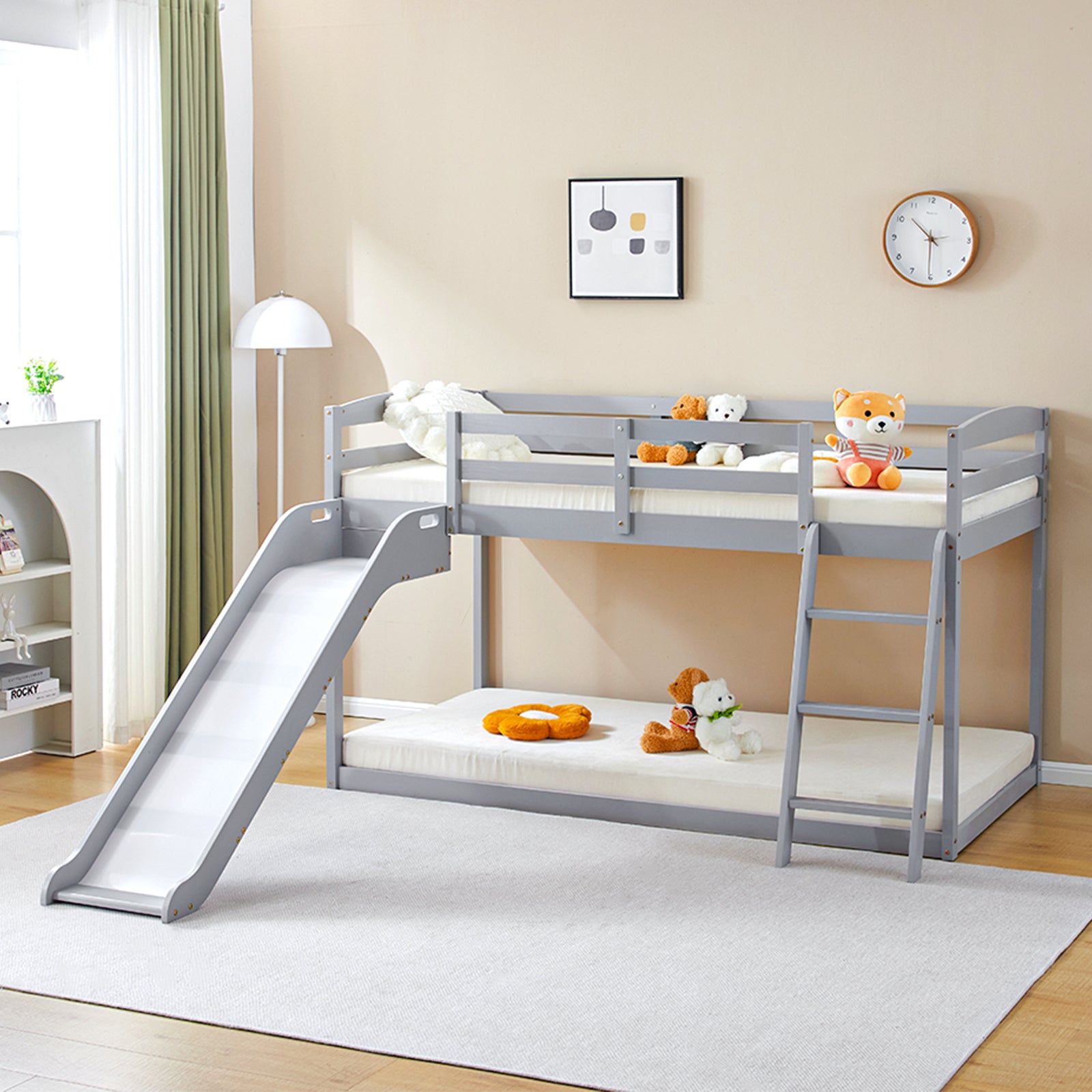 JOYMOR Wood Low Bunk Bed Twin Over Twin Loft Bed Frame with Slide