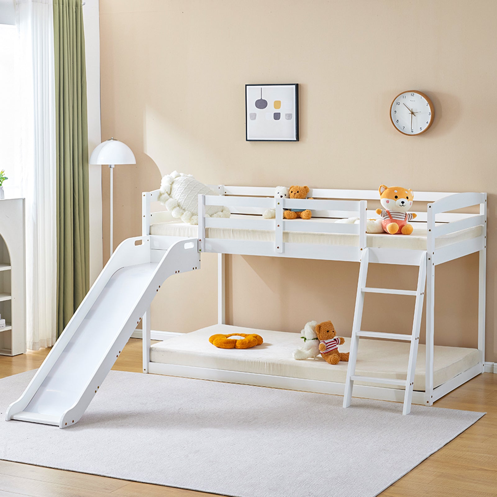 JOYMOR Wood Low Bunk Bed Twin Over Twin Loft Bed Frame with Slide