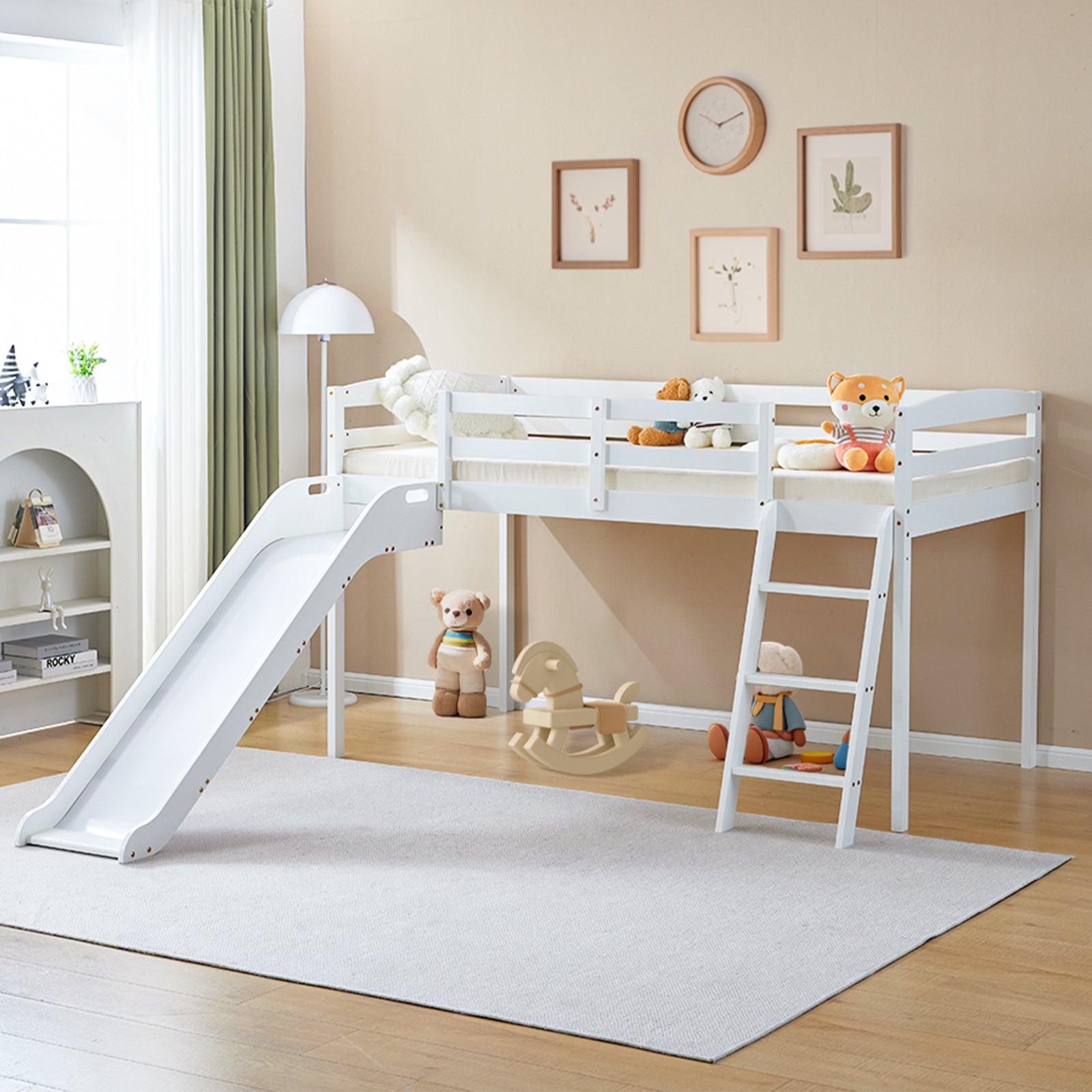 JOYMOR Wood Low Bunk Bed Twin Loft Bed Frame with Slide