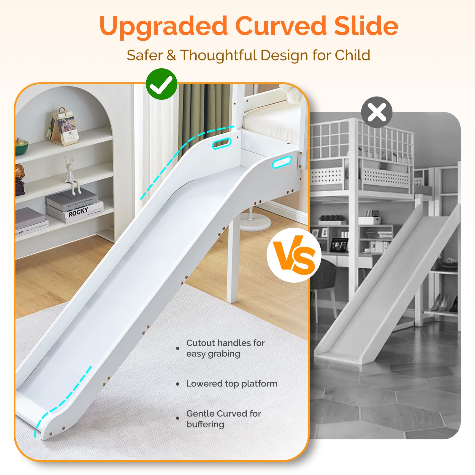 JOYMOR Wood Low Bunk Bed Twin Loft Bed Frame with Slide