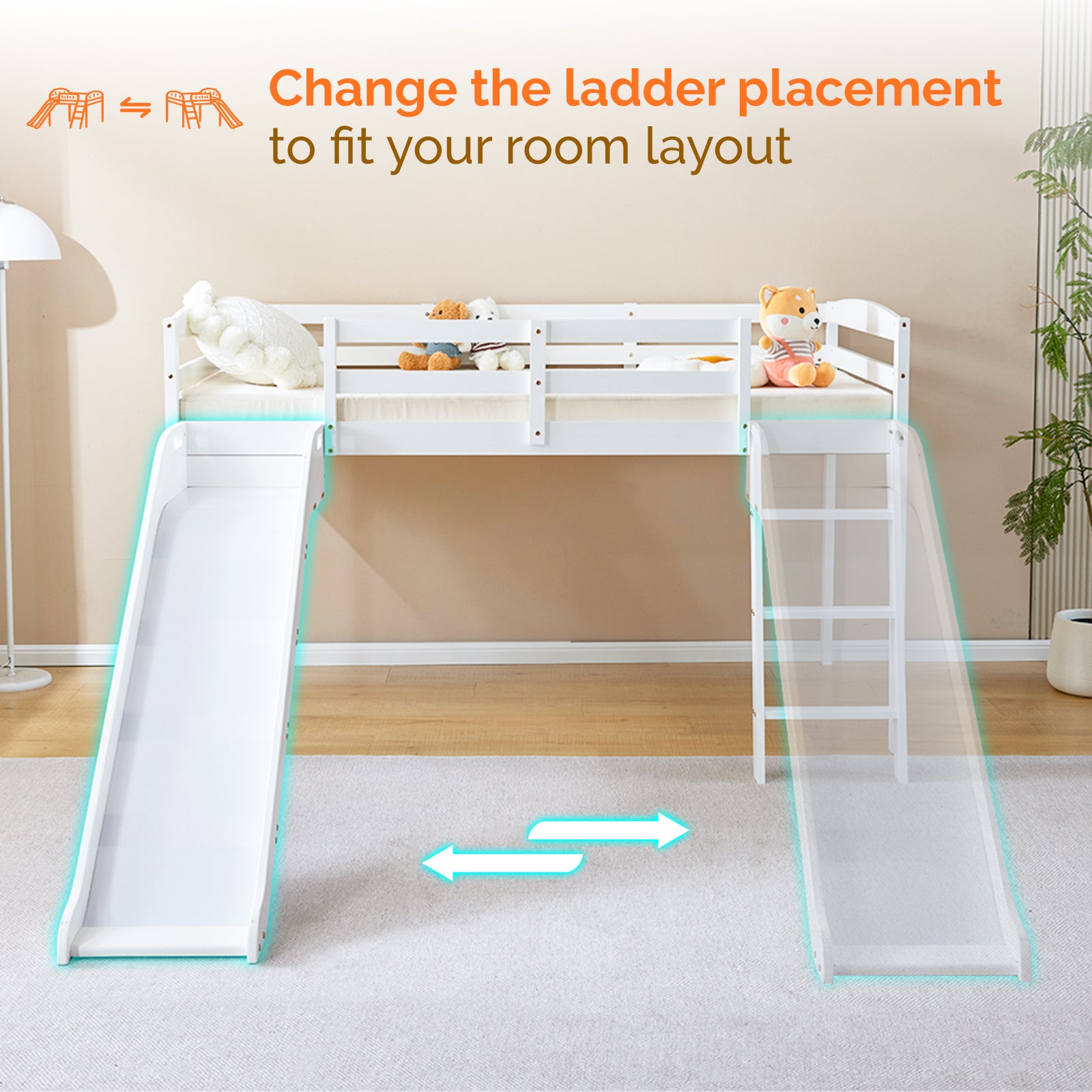 JOYMOR Wood Low Bunk Bed Twin Loft Bed Frame with Slide