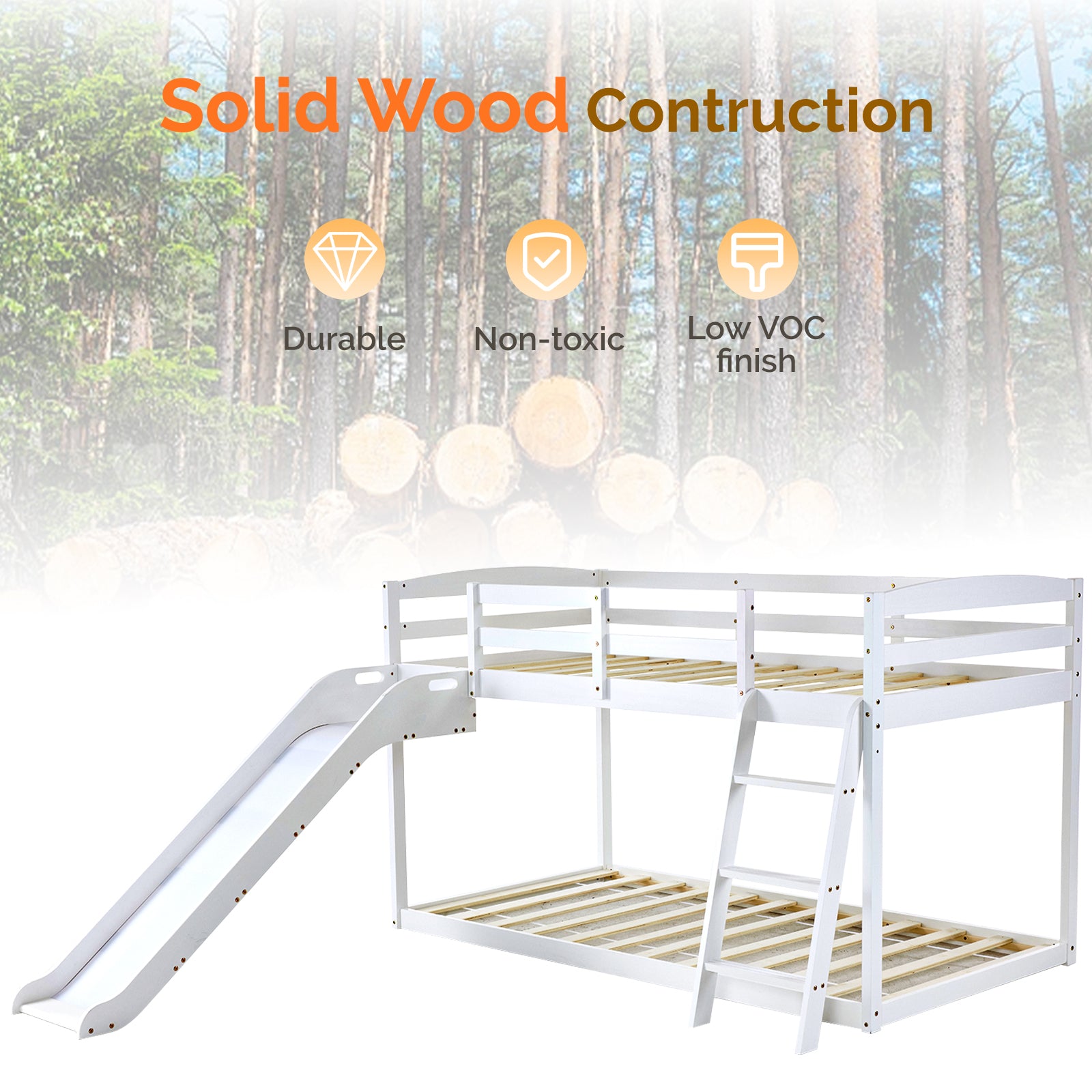 JOYMOR Wood Low Bunk Bed Twin Over Twin Loft Bed Frame with Slide