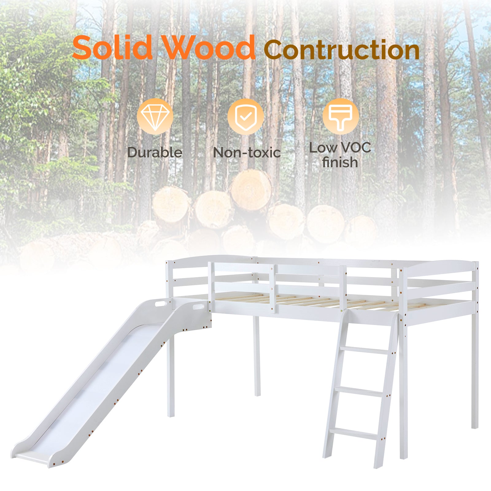 JOYMOR Wood Low Bunk Bed Twin Loft Bed Frame with Slide