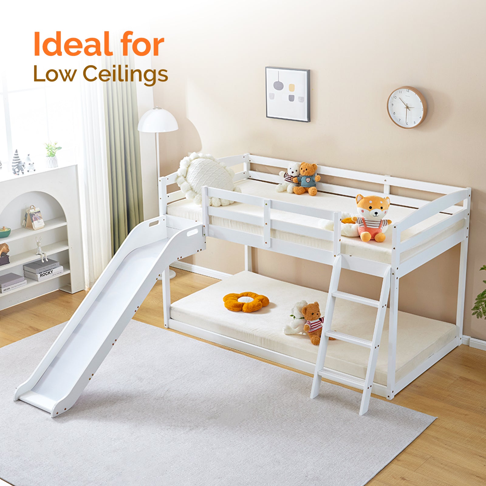 JOYMOR Wood Low Bunk Bed Twin Over Twin Loft Bed Frame with Slide