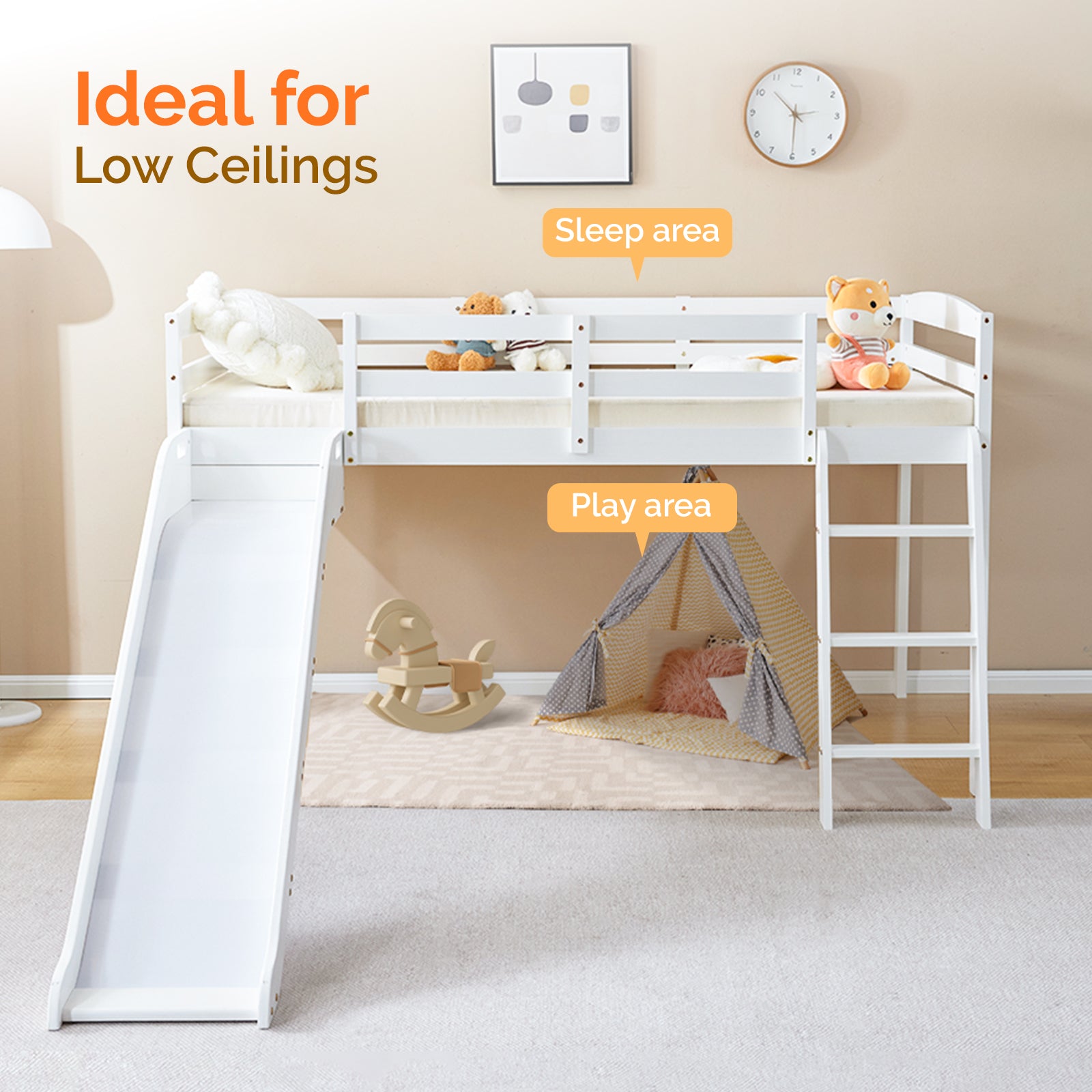 JOYMOR Wood Low Bunk Bed Twin Loft Bed Frame with Slide