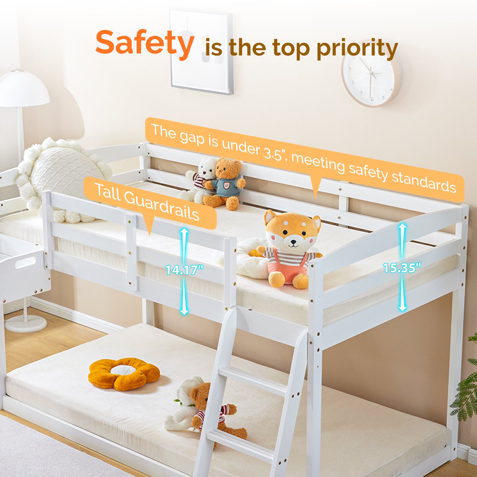 JOYMOR Wood Low Bunk Bed Twin Over Twin Loft Bed Frame with Slide