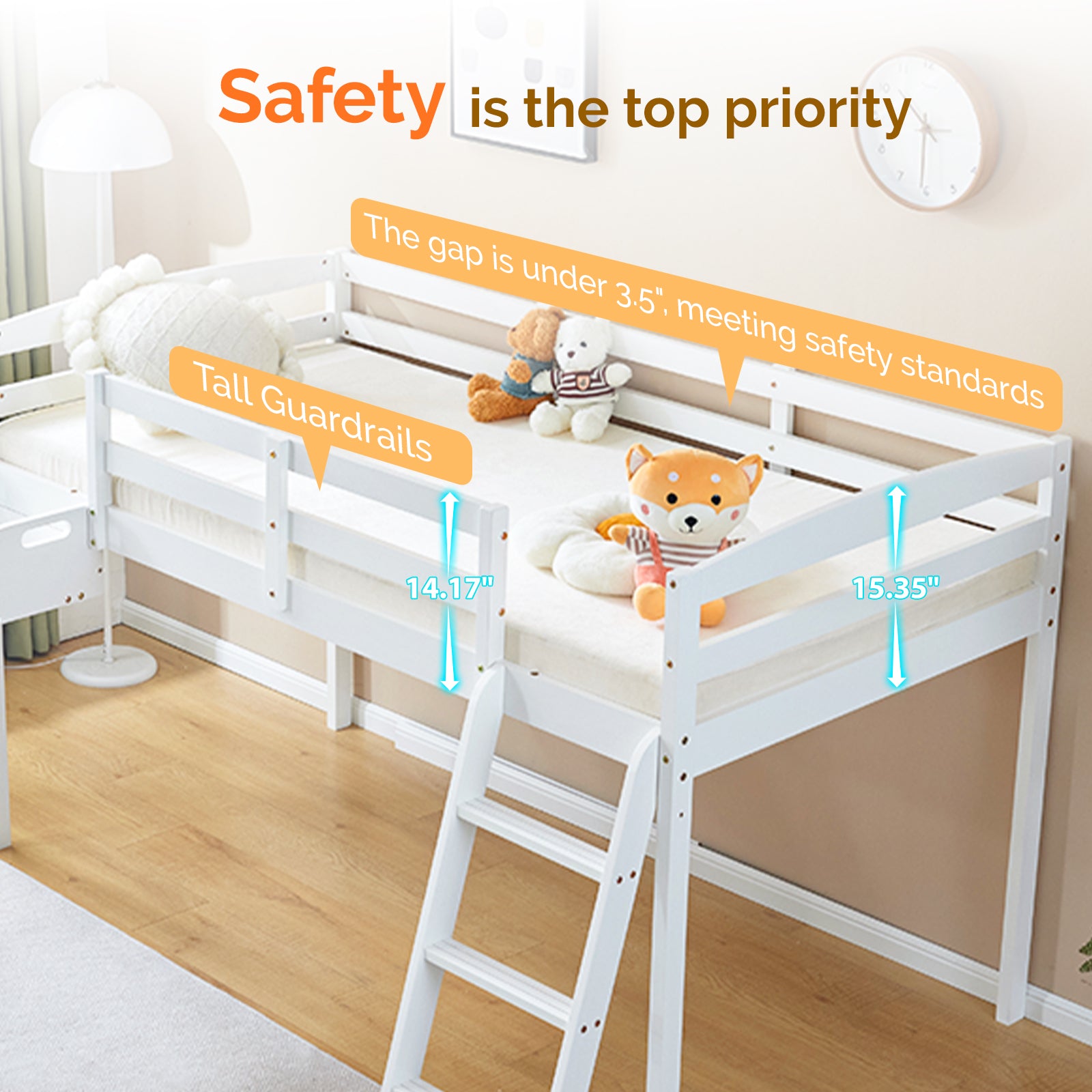 JOYMOR Wood Low Bunk Bed Twin Loft Bed Frame with Slide