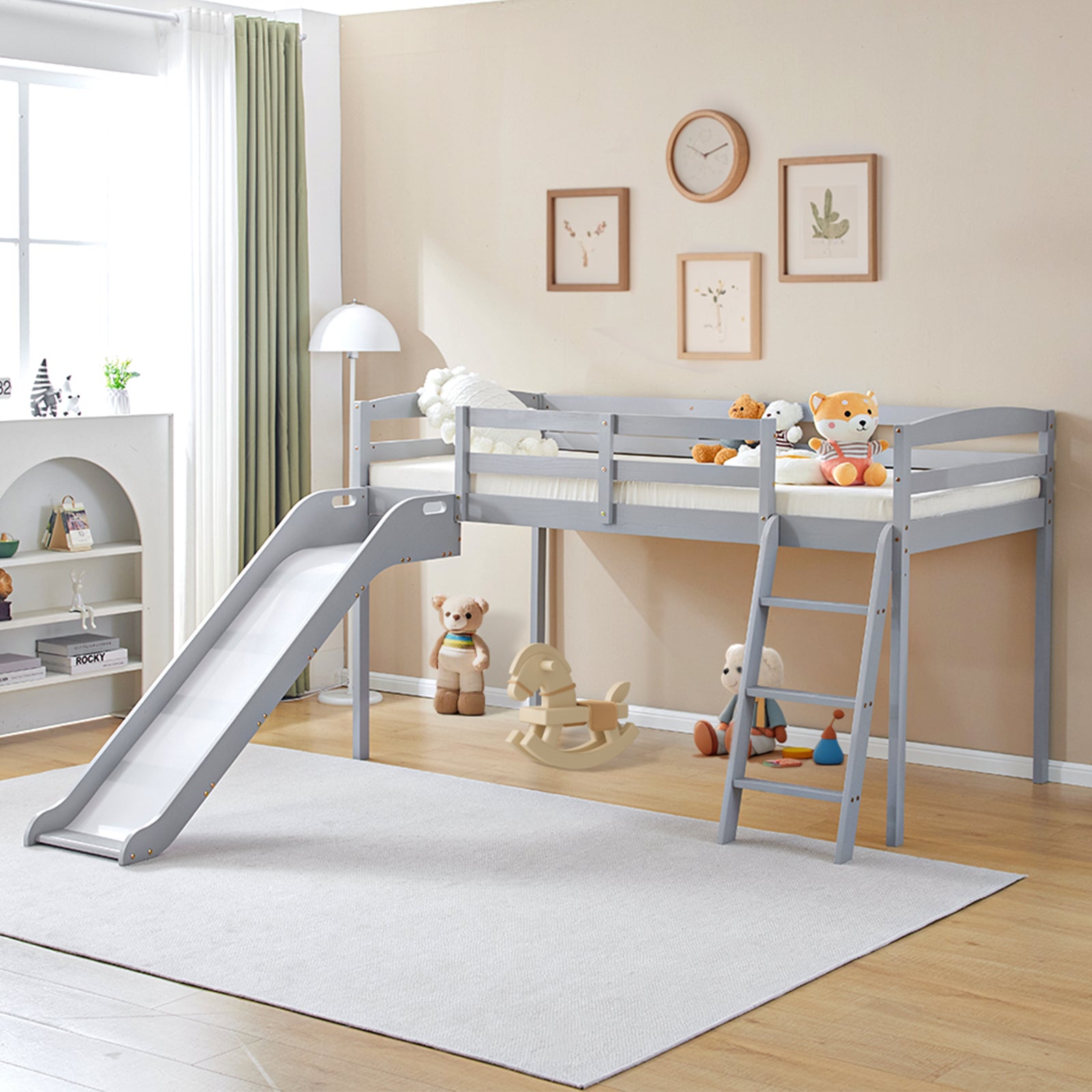 JOYMOR Wood Low Bunk Bed Twin Loft Bed Frame with Slide