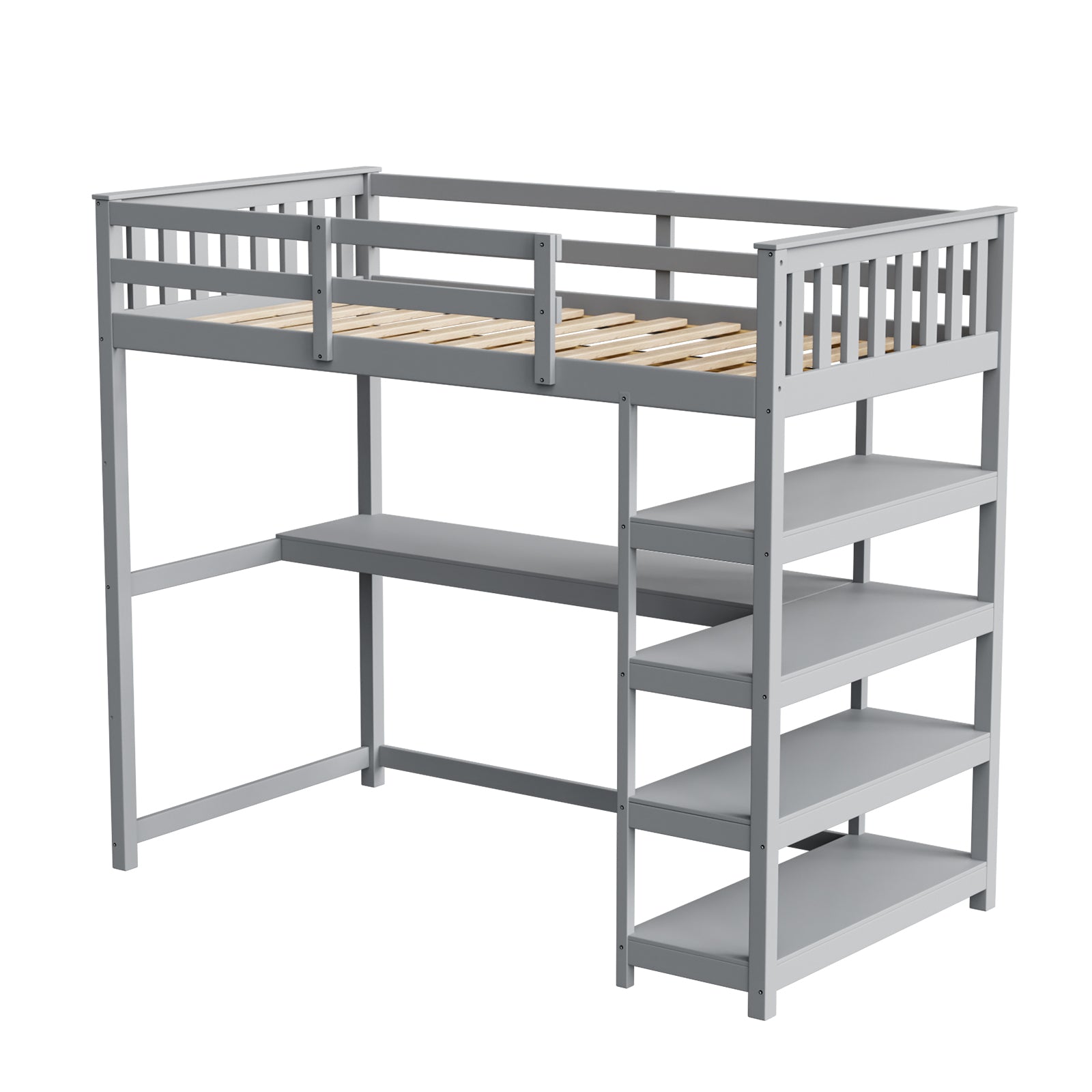 JOYMOR Twin Size Bunk Bed Loft Bed Frame with Desk & Bookcase