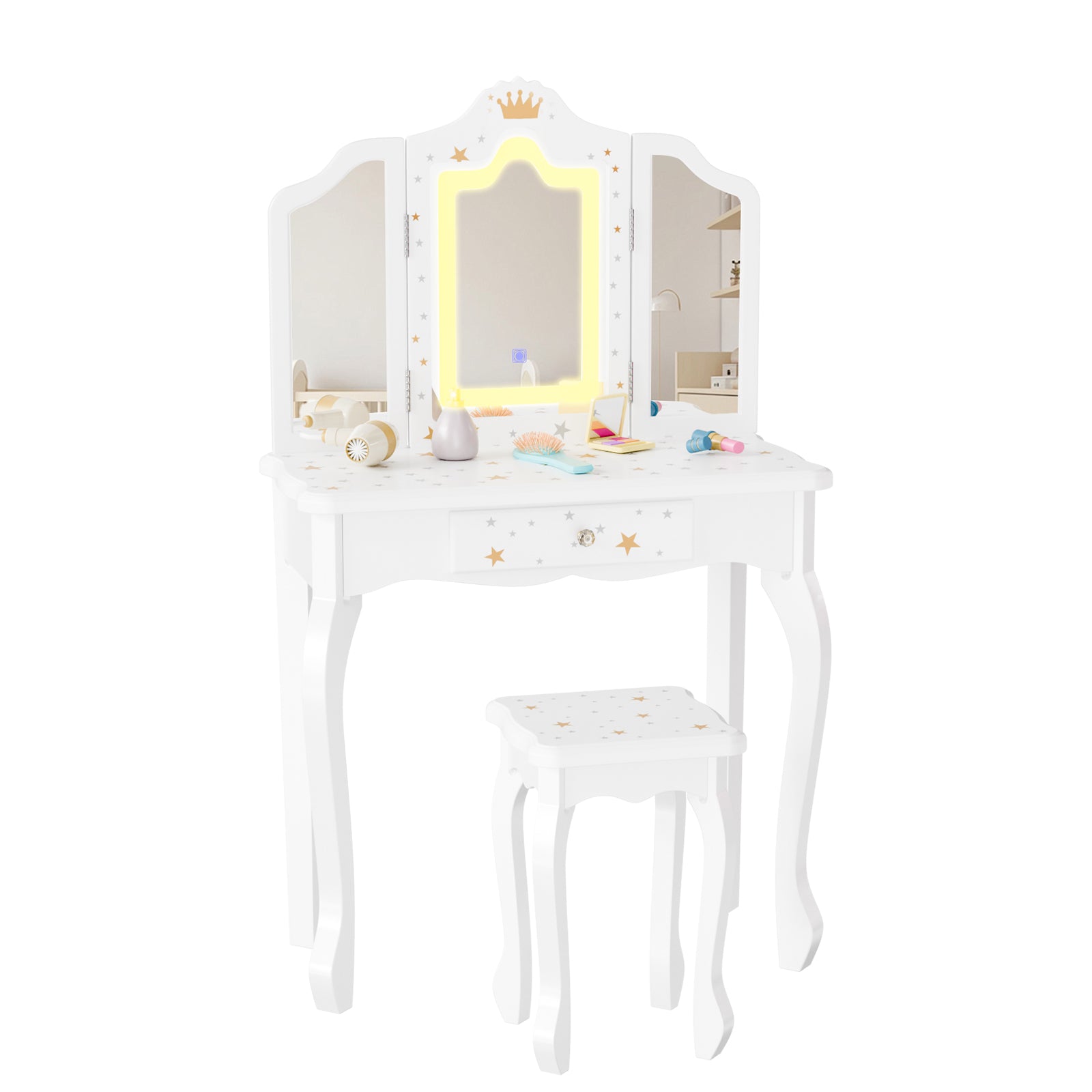JOYMOR Upgrade Kids Vanity w/Tri-Folding Mirror & Adjustment LED Touch Screen 2-in-1 Wooden Princess Makeup Desk Dressing Table