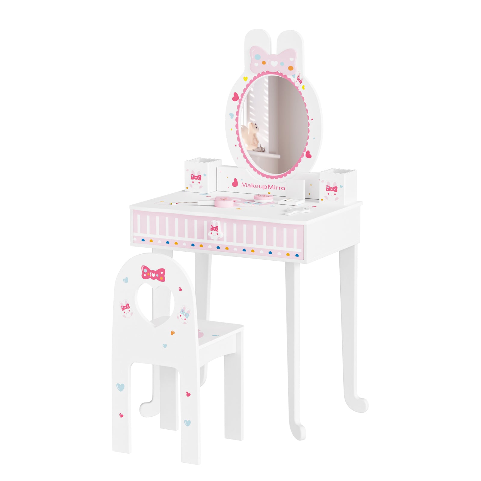 JOYMOR Pretend Play Kids Vanity Set with Mirror 2 in 1 Wooden Princess Makeup Desk Dressing Table