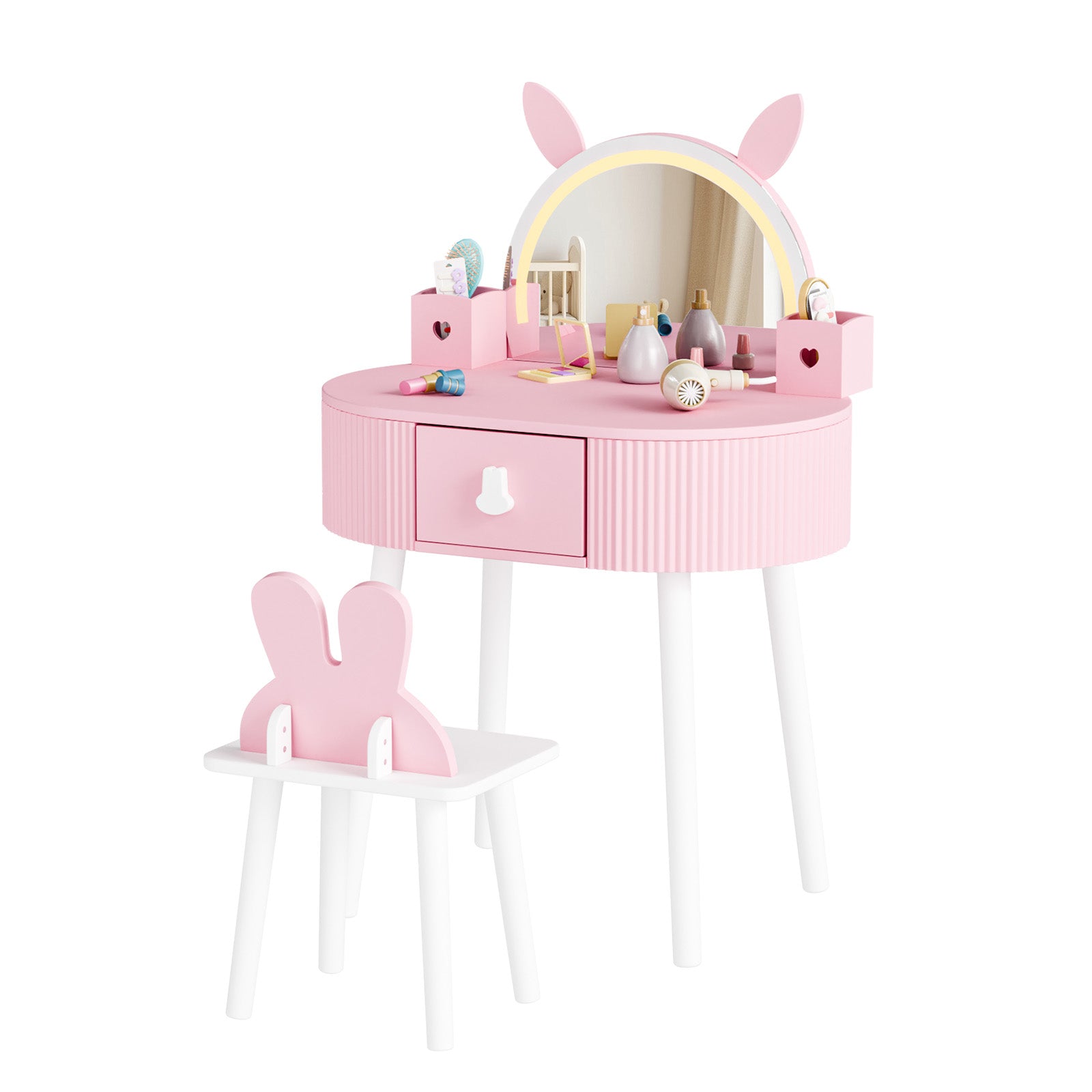 JOYMOR Kids Vanity LED Lighted w/Touch Screen 2 in 1 Wooden Princess Makeup Desk Dressing Table
