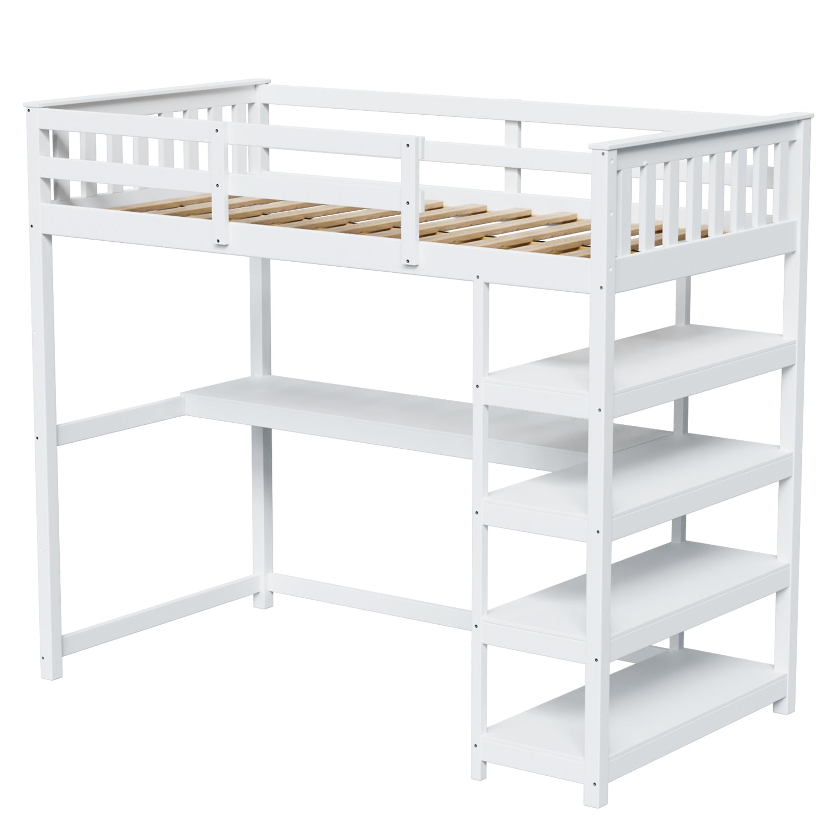 JOYMOR Twin Size Bunk Bed Loft Bed Frame with Desk & Bookcase