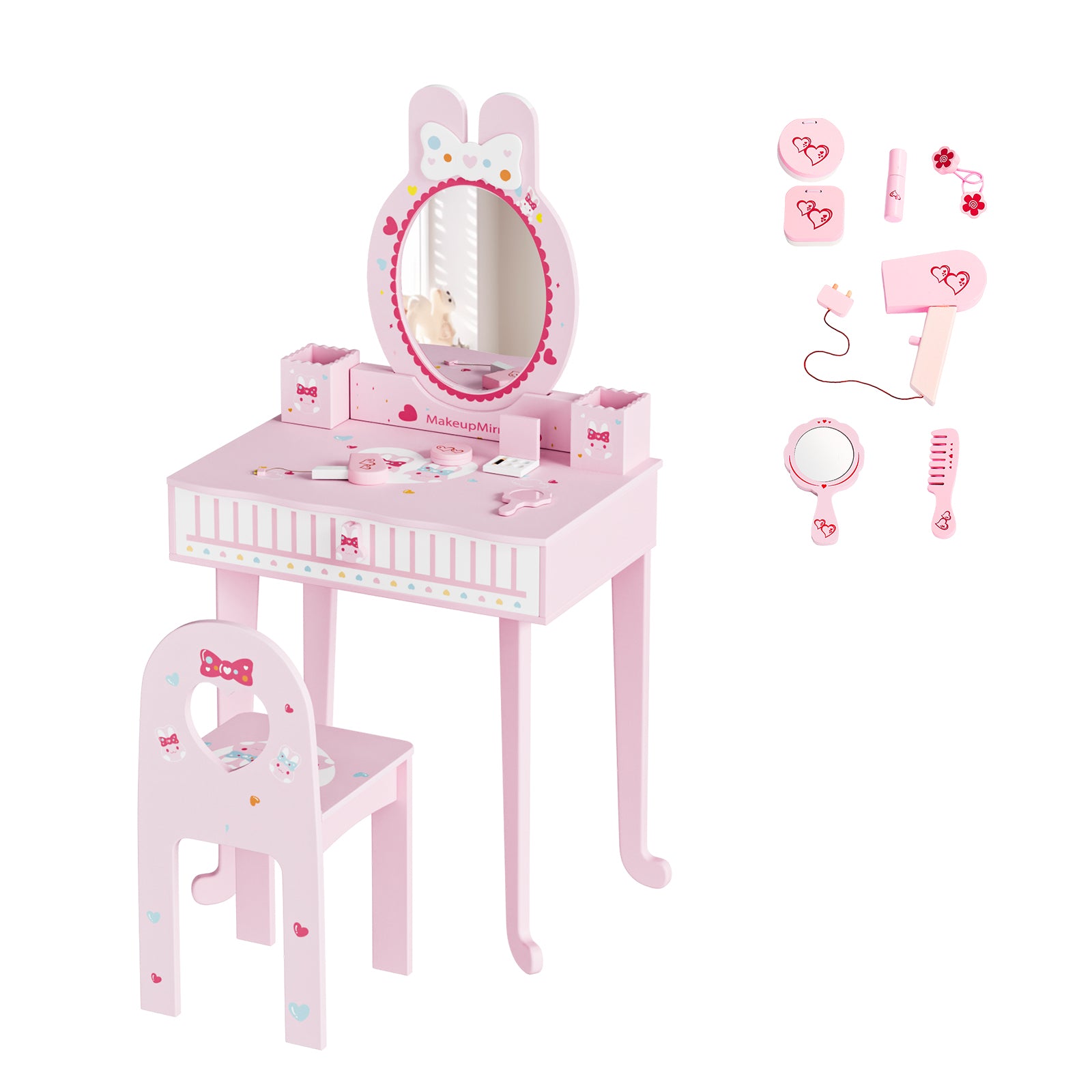 JOYMOR Pretend Play Kids Vanity Set with Mirror 2 in 1 Wooden Princess Makeup Desk Dressing Table