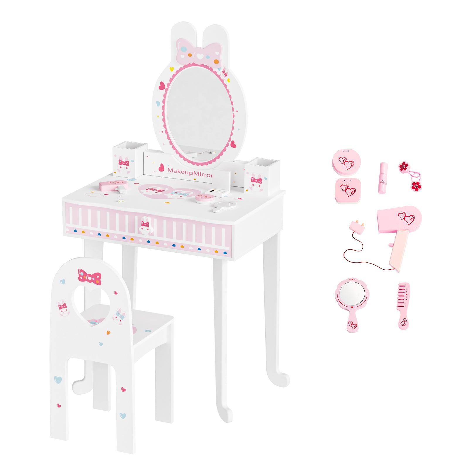 JOYMOR Pretend Play Kids Vanity Set with Mirror 2 in 1 Wooden Princess Makeup Desk Dressing Table
