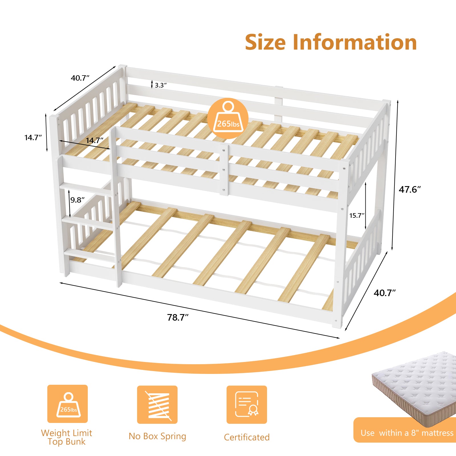 JOYMOR Wood Bunk Bed Low Twin Over Twin Bed Frame with Ladder