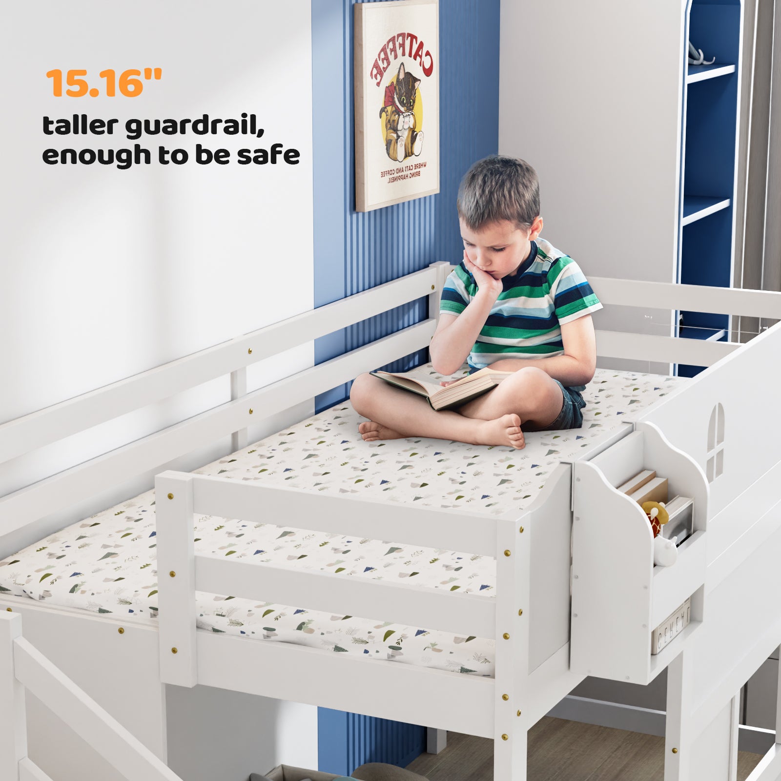 JOYMOR Wood Low Loft Bed Twin Size Bed Frame with Castle Guardrail