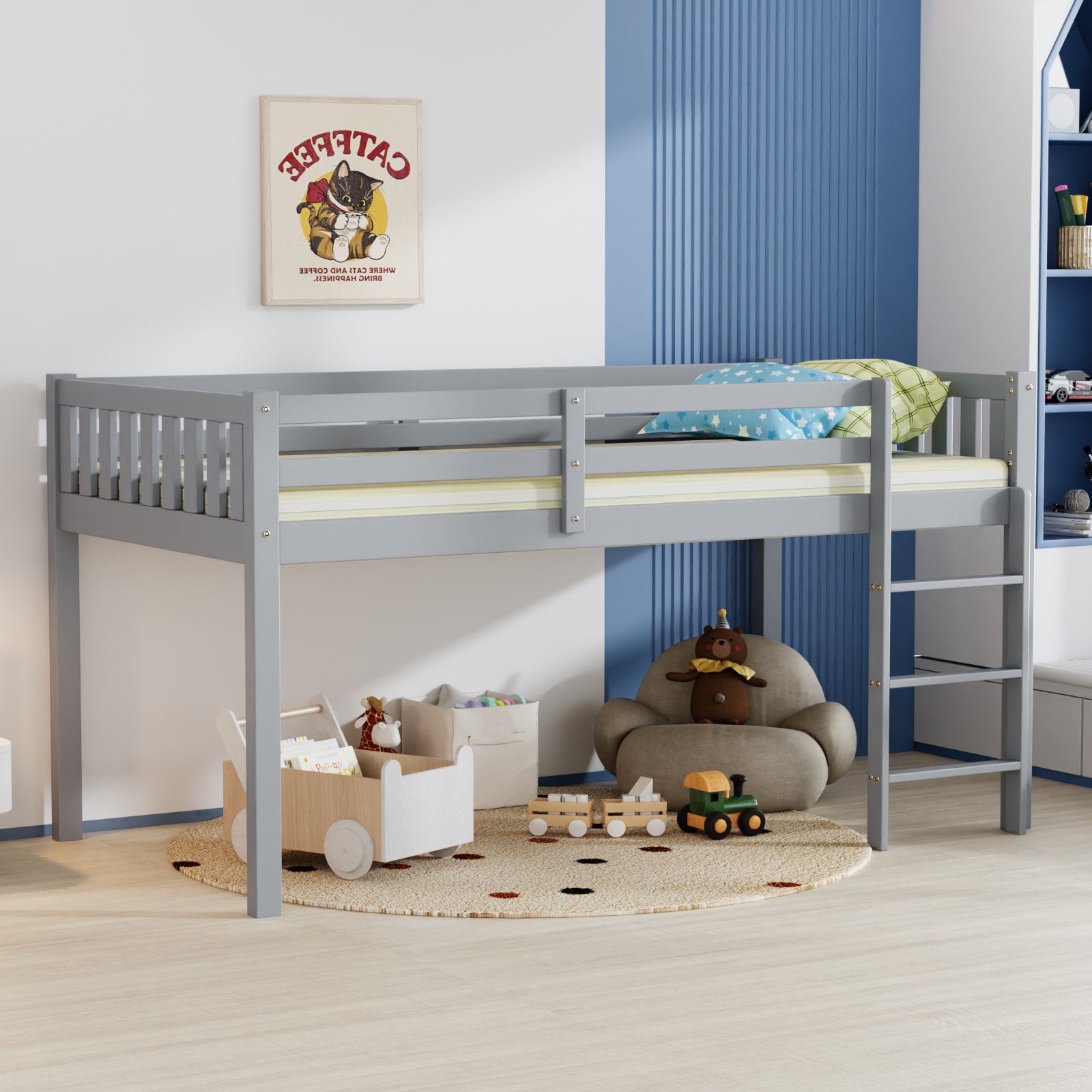 JOYMOR Low Loft Bed with Stairs Wood Twin Bed Frame
