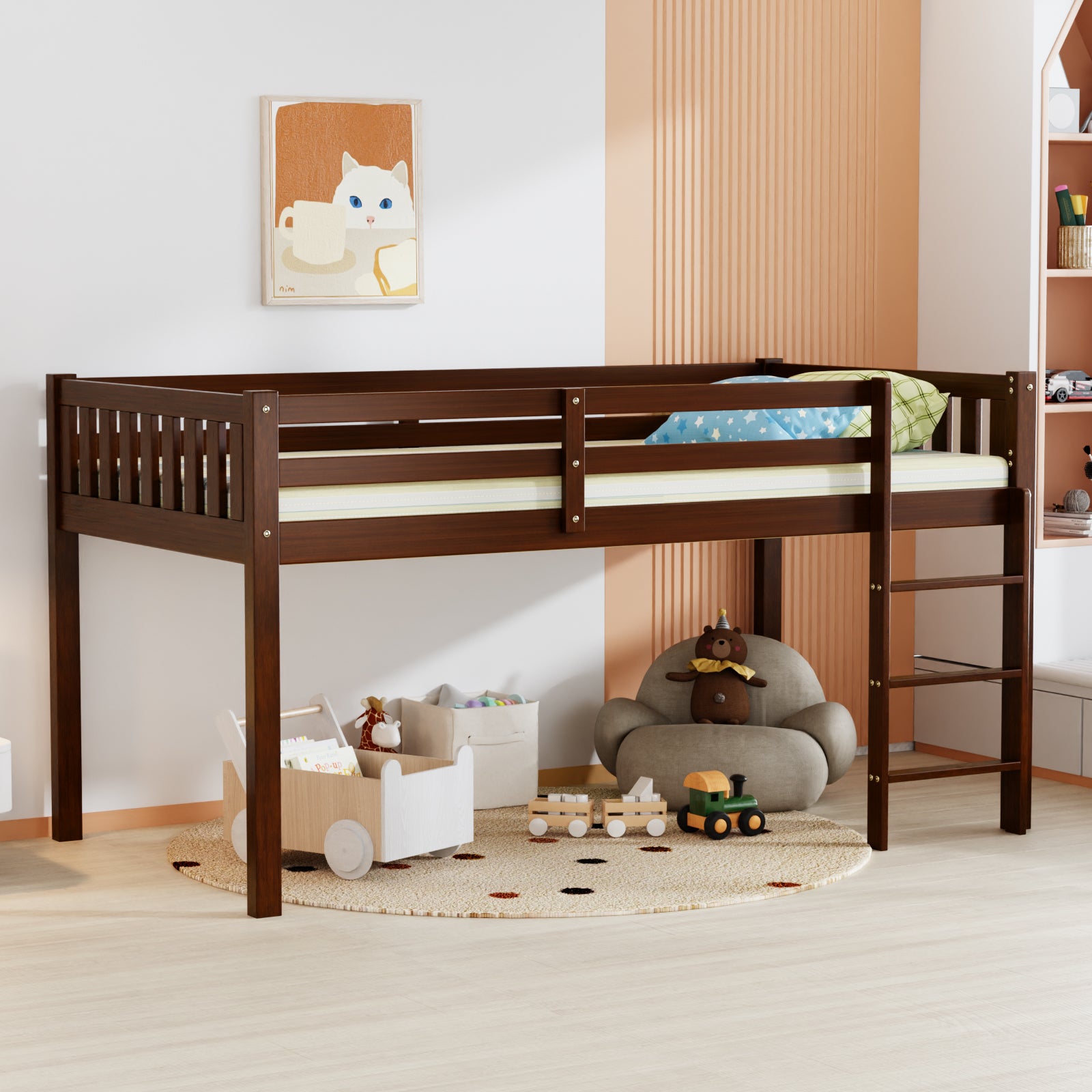 JOYMOR Low Loft Bed with Stairs Wood Twin Bed Frame
