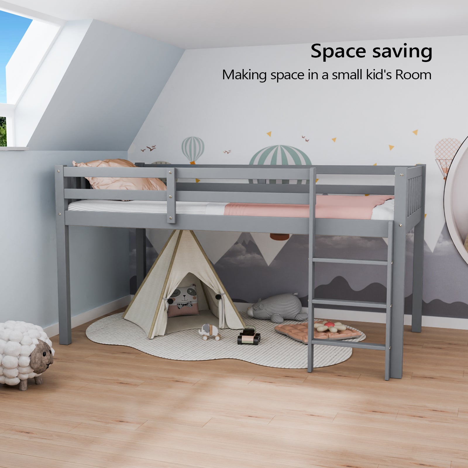 JOYMOR Low Loft Bed with Stairs Wood Twin Bed Frame