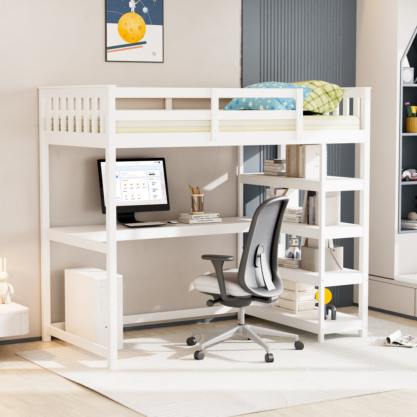 JOYMOR Twin Size Bunk Bed Loft Bed Frame with Desk & Bookcase