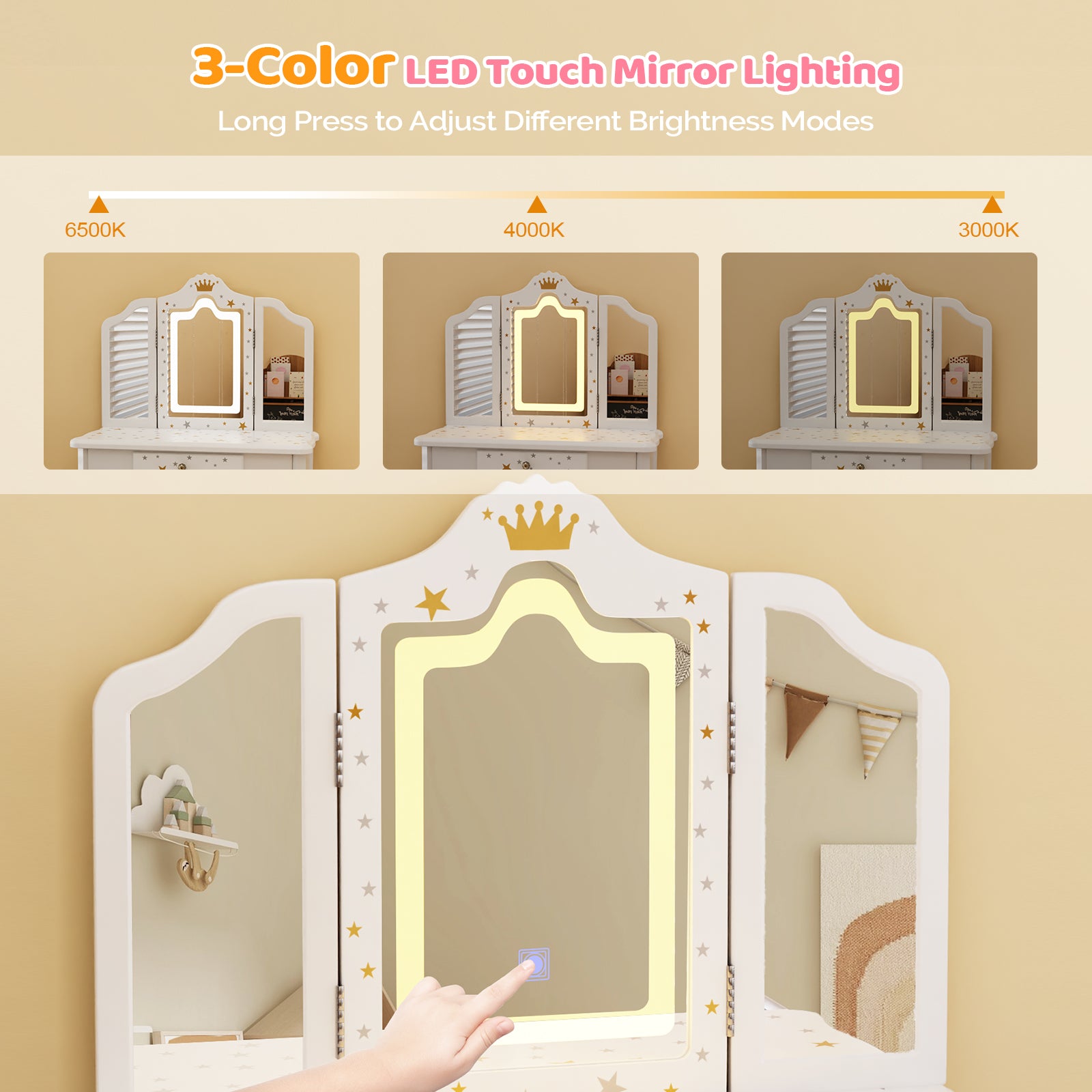 JOYMOR Upgrade Kids Vanity w/Tri-Folding Mirror & Adjustment LED Touch Screen 2-in-1 Wooden Princess Makeup Desk Dressing Table