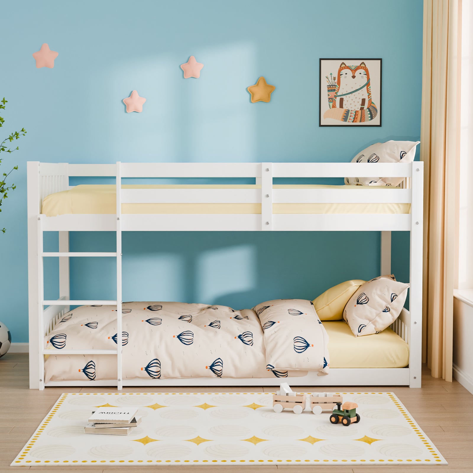 JOYMOR Wood Bunk Bed Low Twin Over Twin Bed Frame with Ladder