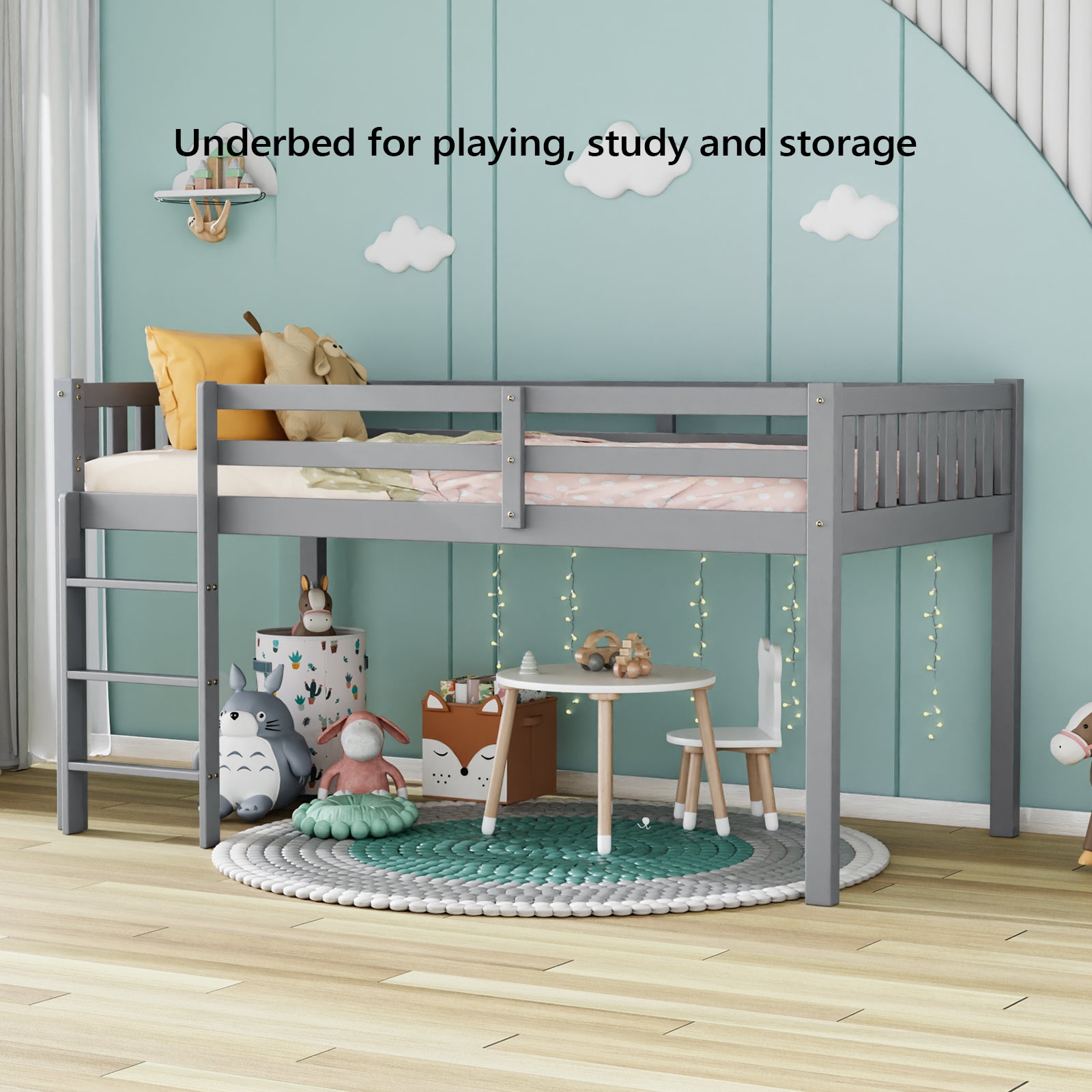 JOYMOR Low Loft Bed with Stairs Wood Twin Bed Frame